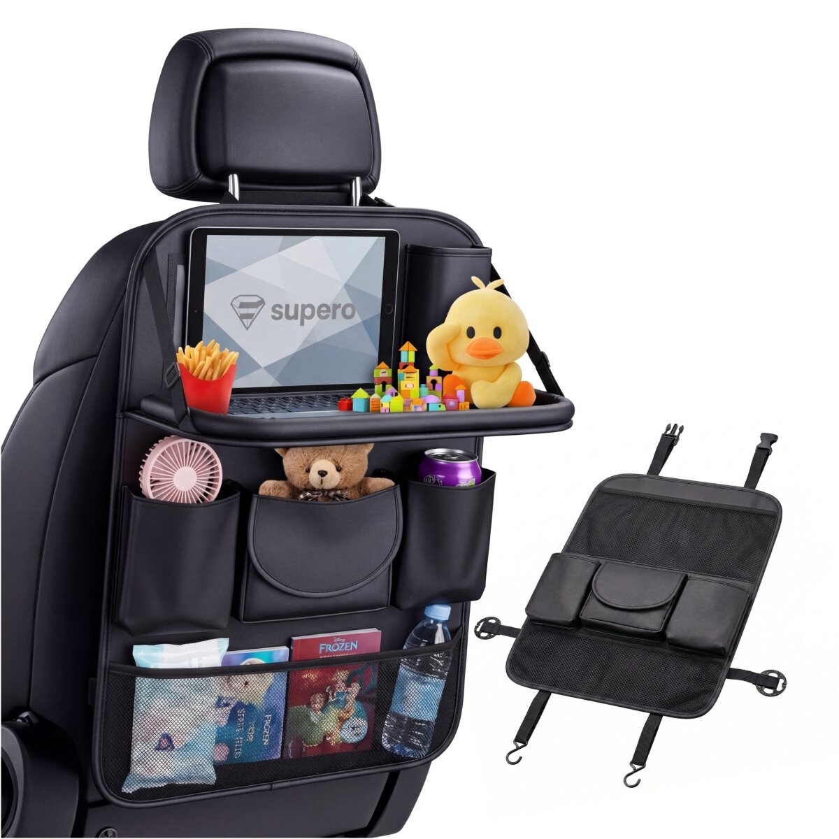 Organizer samochodowy zamontowany na oparciu fotela zawiera różne przedmioty, takie jak tablet z logo \'supero\', zabawki, napój i inne akcesoria. Obok widoczny jest pusty organizer w kolorze czarnym.
