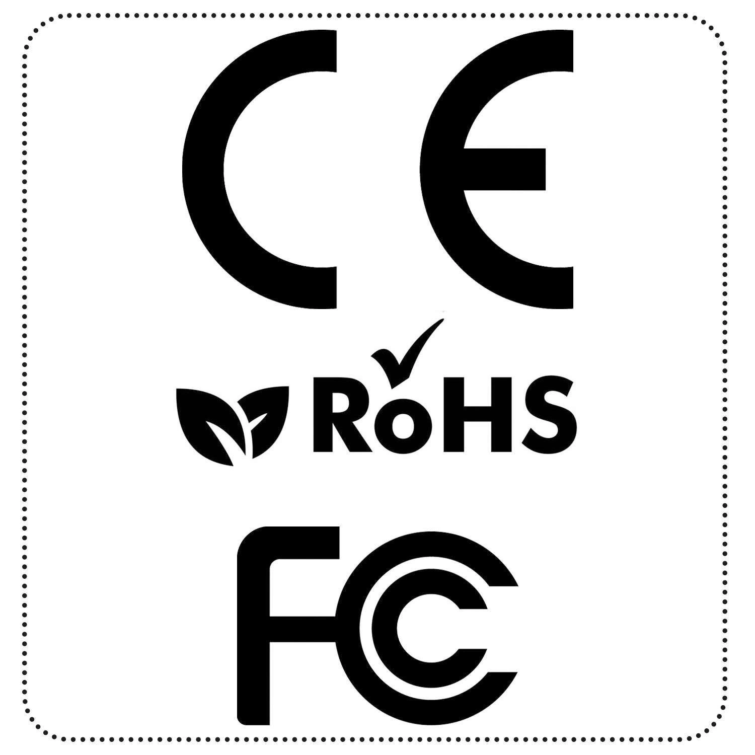 Obraz przedstawia trzy symbole certyfikacyjne: CE, RoHS z liściem i znakiem wyboru, oraz FCC, umieszczone na białym tle z kropkowaną ramką.