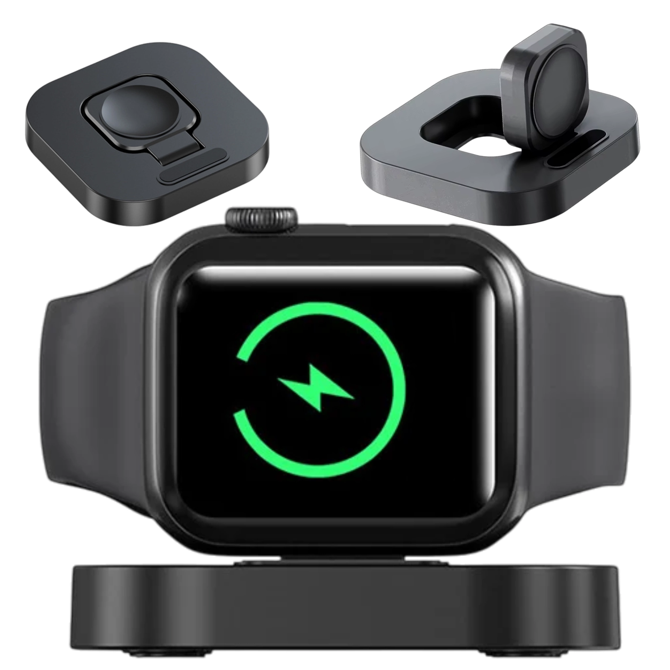 Obraz przedstawia czarną mini ładowarkę magnetyczną indukcyjną do Apple Watch, z widocznym zegarkiem na ładowarce oraz dwoma różnymi ujęciami samej ładowarki. Na ekranie zegarka widoczny jest zielony symbol ładowania.