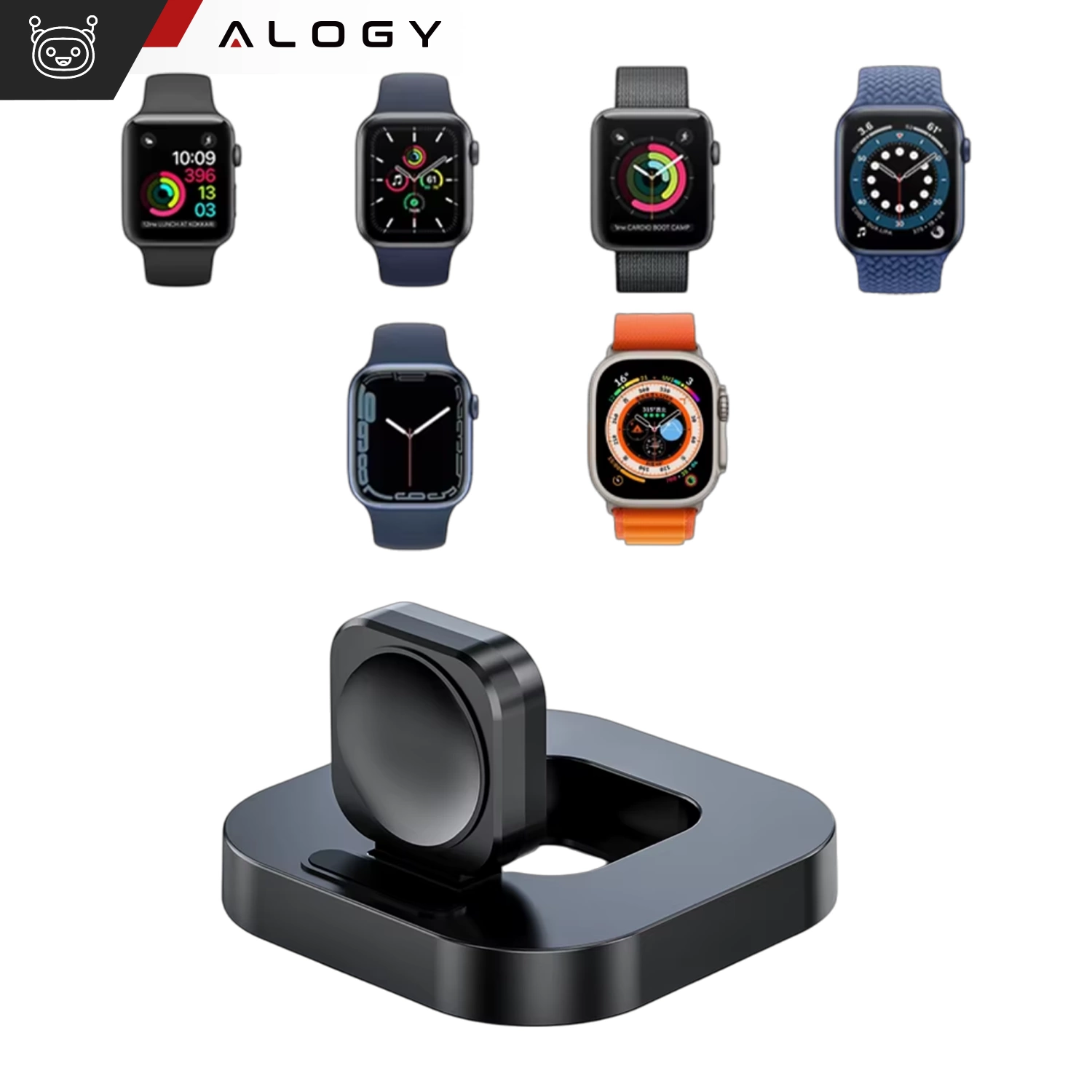 Na obrazie widoczna jest czarna mini ładowarka magnetyczna indukcyjna do Apple Watch, umieszczona na podstawce. W tle znajduje się sześć różnych modeli zegarków Apple Watch, a w lewym górnym rogu widnieje logo \'ALOGY\'.
