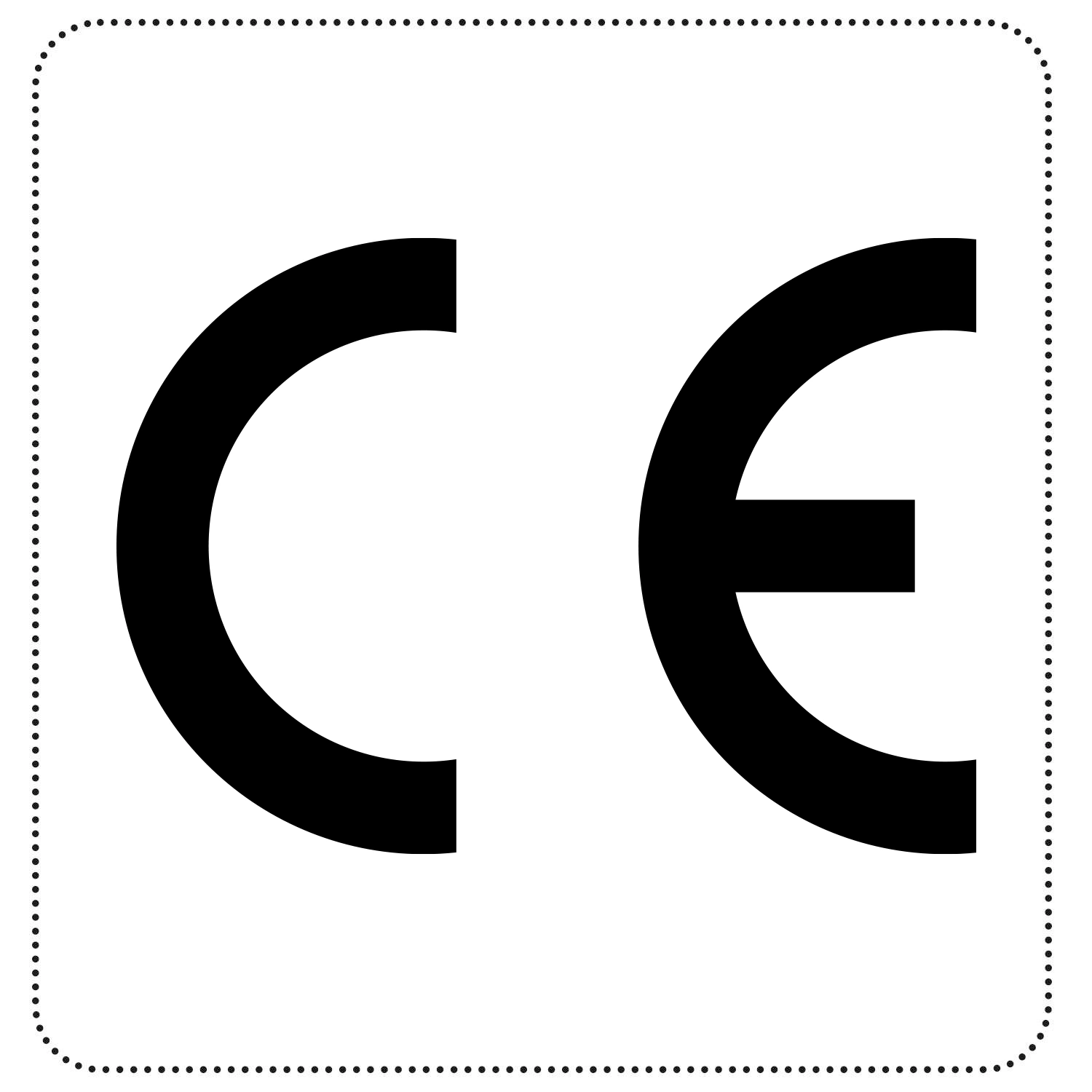 Czarno-białe logo CE na białym tle z przerywaną ramką.