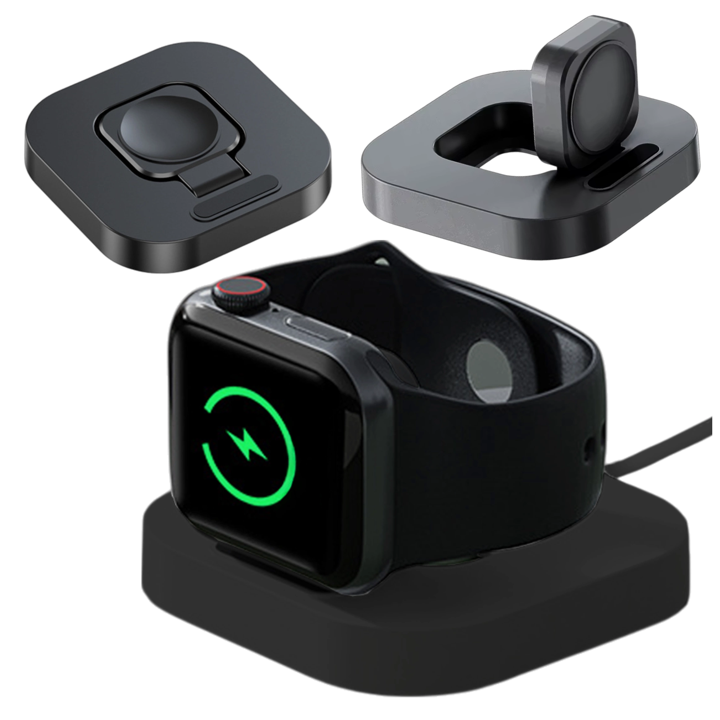 Obraz przedstawia czarną mini ładowarkę magnetyczną indukcyjną do ładowania zegarka Apple Watch. Zegarek jest umieszczony na ładowarce, a na jego ekranie widoczna jest ikona ładowania.
