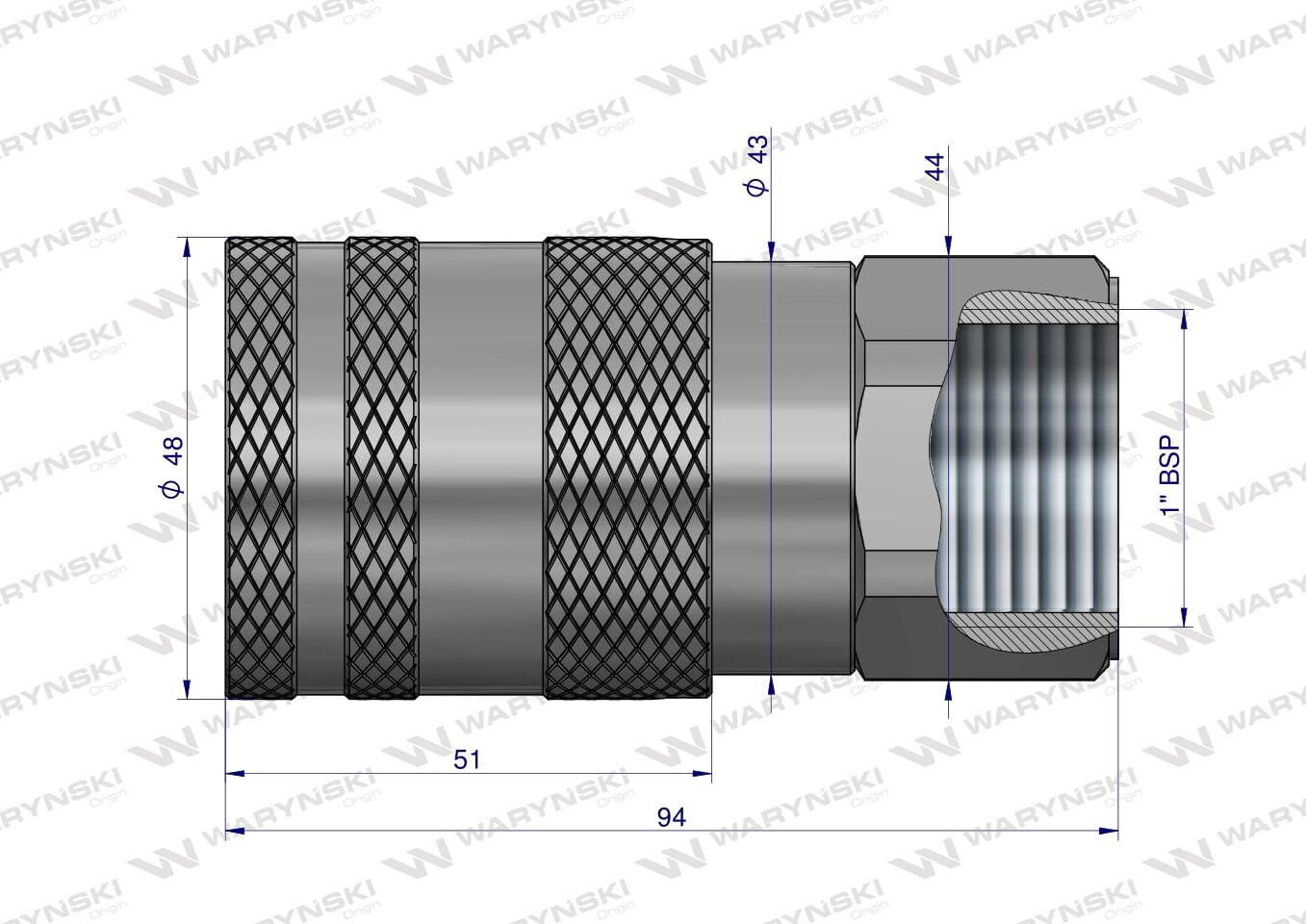 Ilustracja przedstawia szybkozłącze hydrauliczne z oznaczeniami wymiarów: średnica 48 mm, długość 51 mm, całkowita długość 94 mm, średnica 43 mm, długość 44 mm oraz gwint 1\
