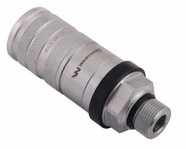 Na obrazie widoczne jest metalowe szybkozłącze hydrauliczne z napisem \'WIA3C-M22Z\' oraz logo \'Waryński\'.