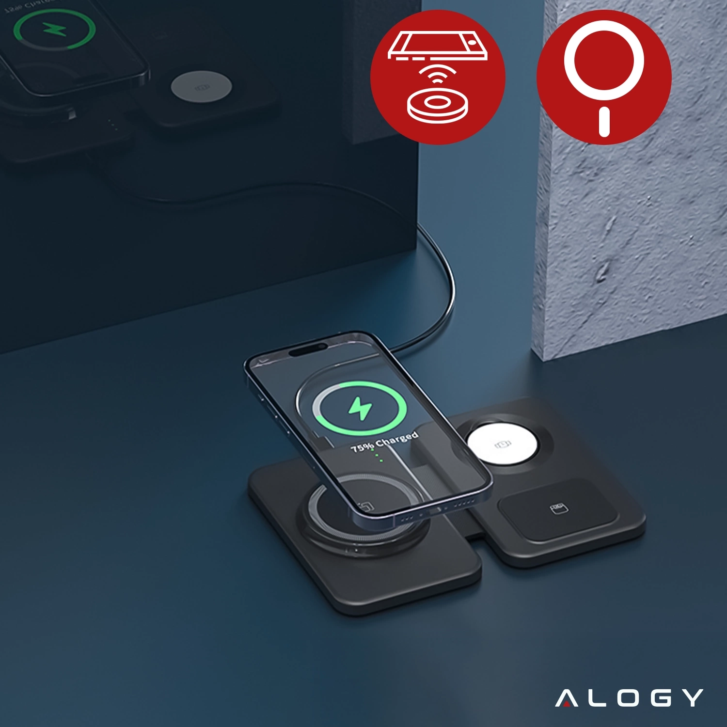 Na obrazie widoczna jest czarna, składana ładowarka indukcyjna z trzema miejscami do ładowania, na której znajduje się smartfon z wyświetlonym wskaźnikiem ładowania na poziomie 75%. W prawym dolnym rogu widoczne jest logo \'ALOGY\'.