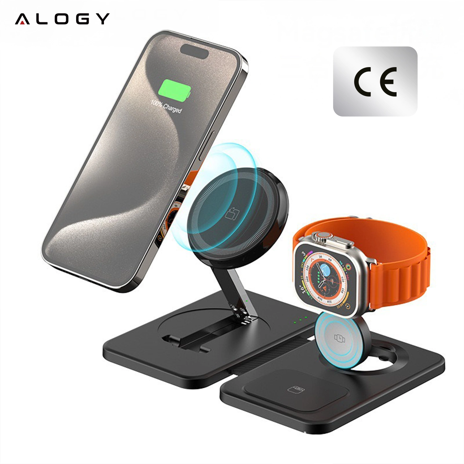 Na obrazie widoczna jest czarna, składana stacja ładująca 3w1 z logo ALOGY, na której umieszczono smartfon, zegarek i słuchawki. Obok znajduje się symbol CE.