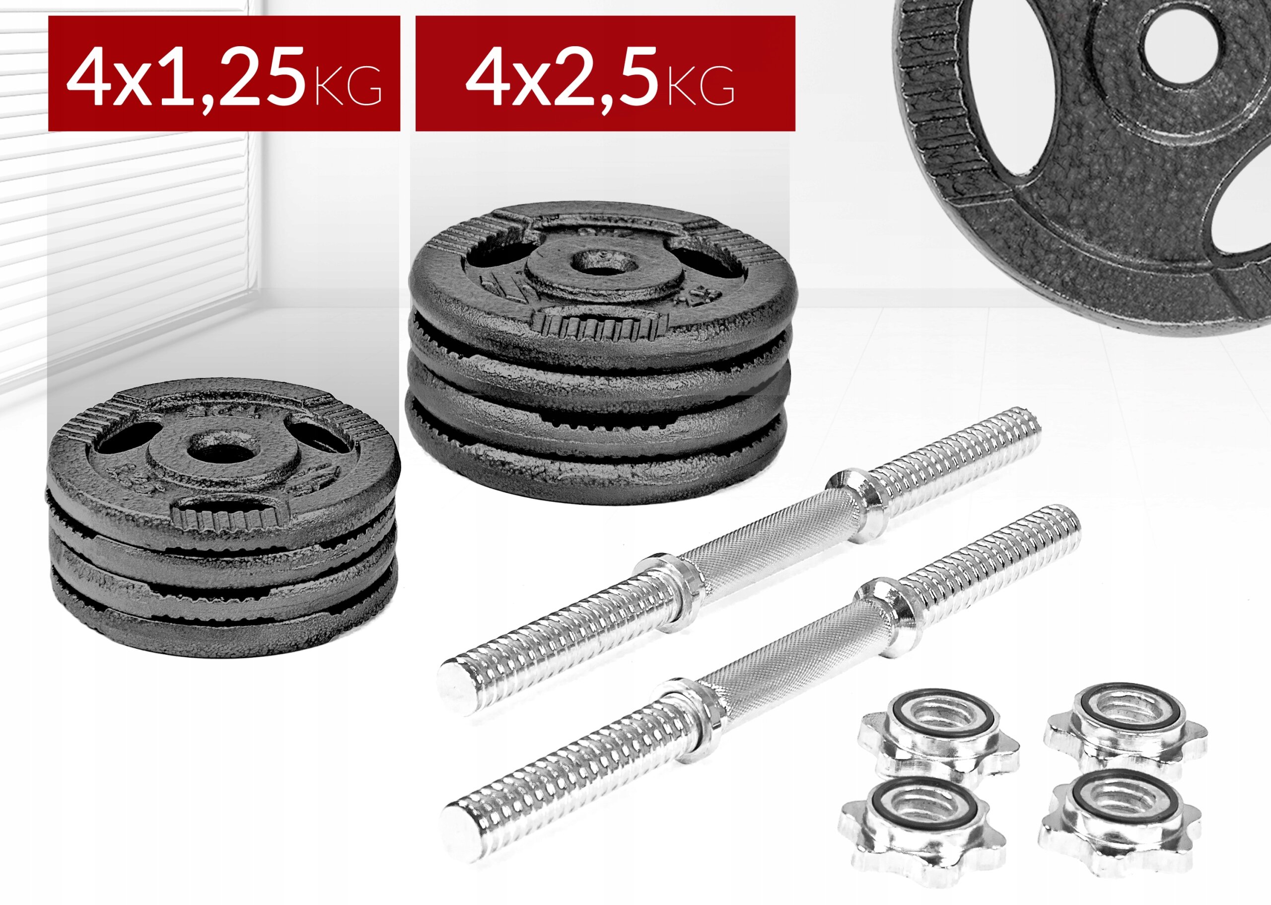 Na obrazie widoczne są żeliwne talerze do hantli o masie 1,25 kg i 2,5 kg, dwa metalowe gryfy oraz cztery nakrętki. Tło jest jasne, a na górze znajdują się napisy \'4x1,25KG\' i \'4x2,5KG\'.