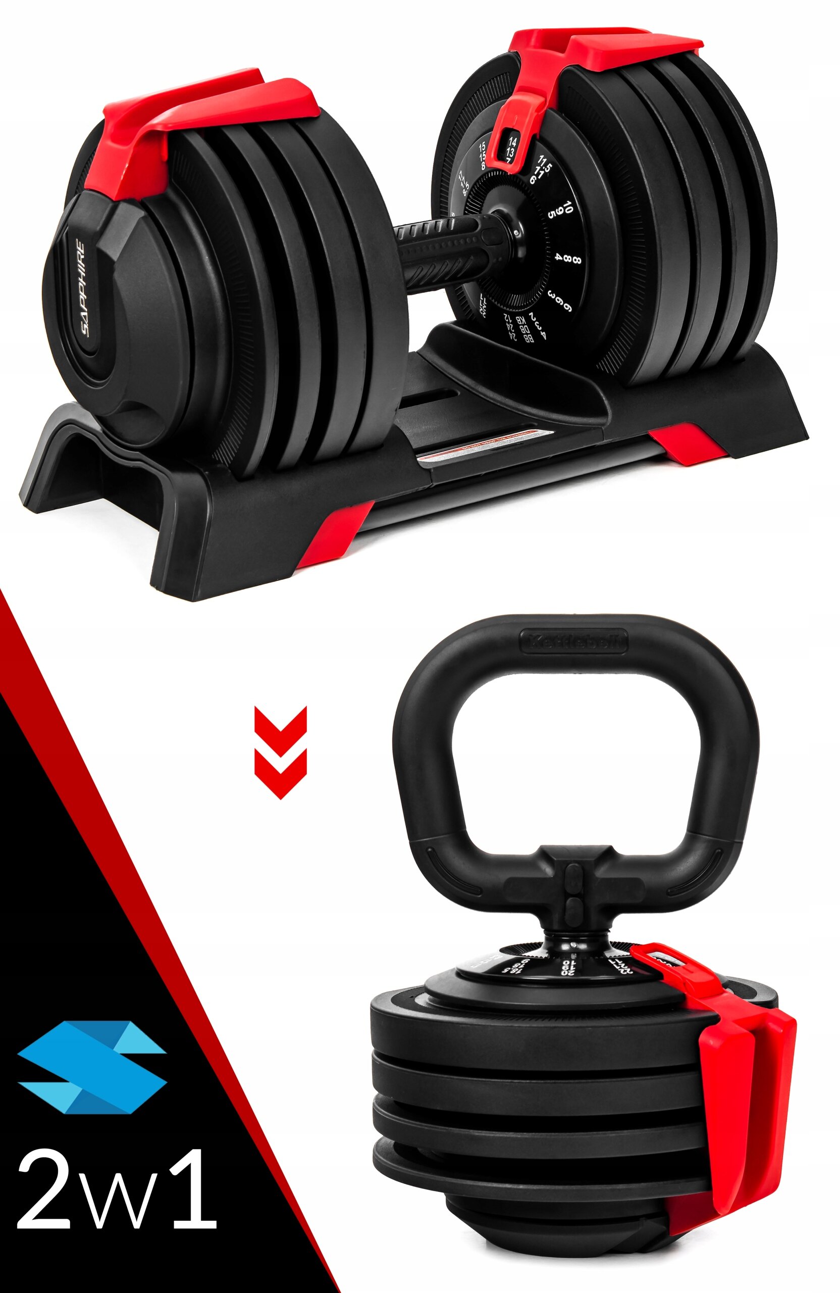 Obraz przedstawia regulowaną hantlę z czarnymi talerzami i czerwonymi elementami na stojaku oraz wersję kettlebell z uchwytem. Widoczne jest logo \'SAPPHIRE\' oraz napis \'2w1\'.