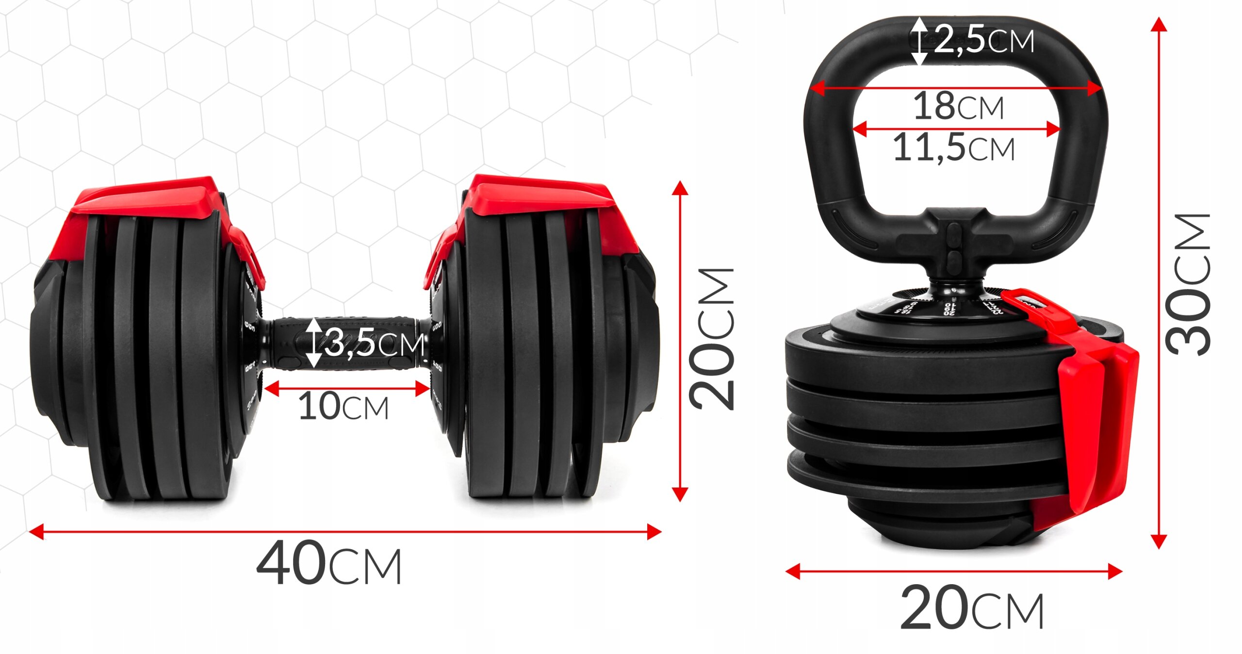 Obraz przedstawia regulowaną hantlę z czarnymi talerzami i czerwonymi elementami, z wymiarami 40 cm długości, 20 cm wysokości i 10 cm szerokości uchwytu. Obok znajduje się konfiguracja kettlebell z wymiarami 20 cm średnicy i 30 cm wysokości, z uchwytem o szerokości 18 cm i grubości 2,5 cm.