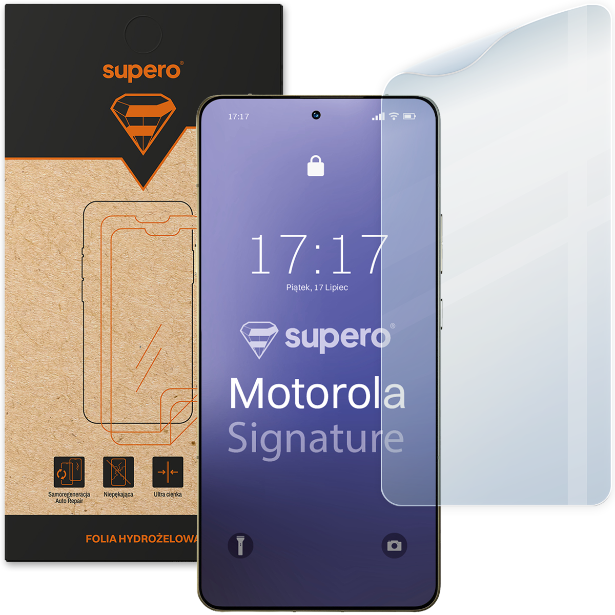 Na obrazie widoczna jest folia hydrożelowa do telefonu oraz opakowanie z logo \'supero\'. Na ekranie telefonu wyświetla się godzina 17:17, data Piątek, 17 Lipiec oraz tekst \'Motorola Signature\'.
