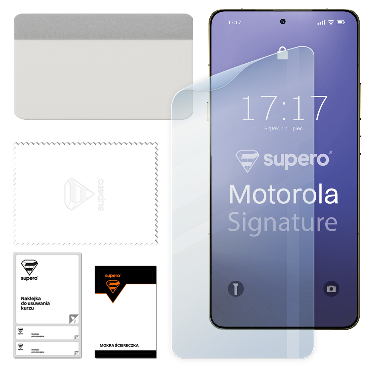 Na obrazie widoczna jest folia hydrożelowa na ekran telefonu z napisem \'supero Motorola Signature\'. Obok znajdują się akcesoria do aplikacji, w tym ściereczka i naklejka do usuwania kurzu.
