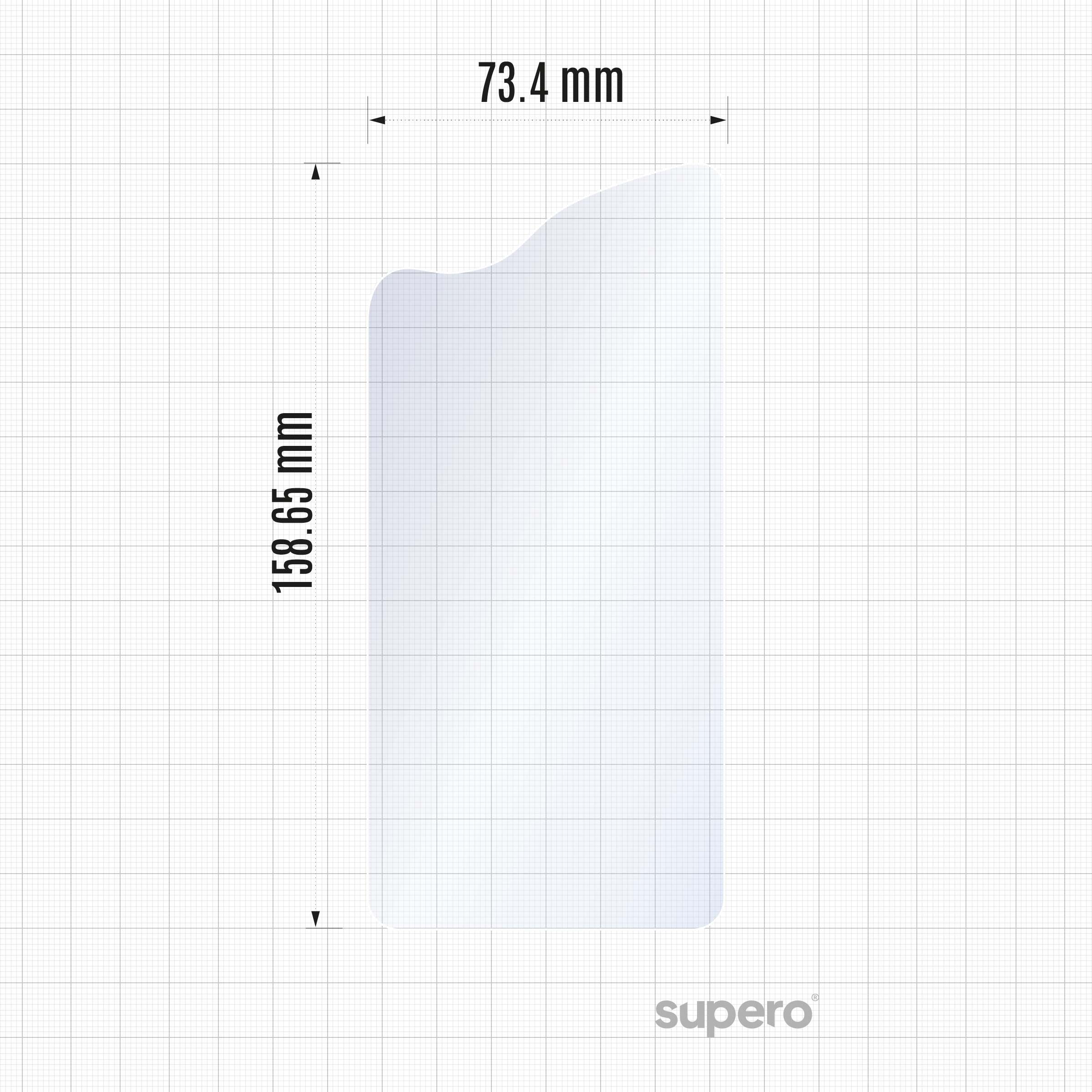 Obraz przedstawia przezroczystą folię o wymiarach 72,10 mm na 157,9 mm na tle siatki. W prawym dolnym rogu widoczne jest logo \'supero\'.