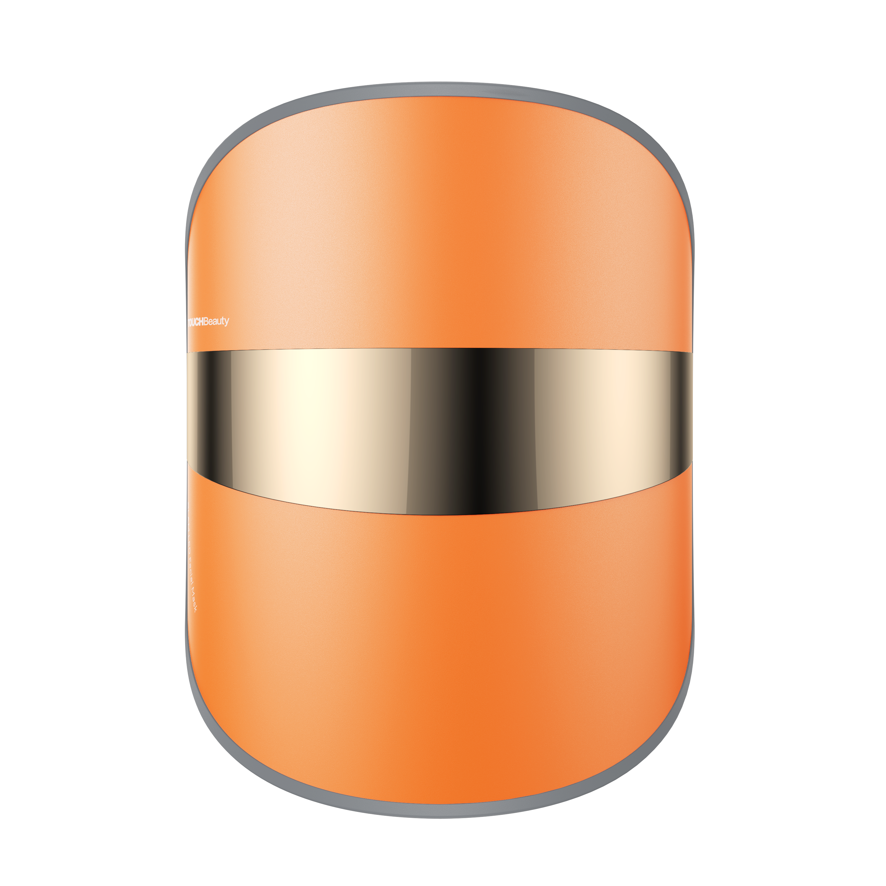 Pomarańczowa maska LED do twarzy z metalicznym, złotym paskiem na środku. Na masce widoczne jest logo \'TouchBeauty\'.