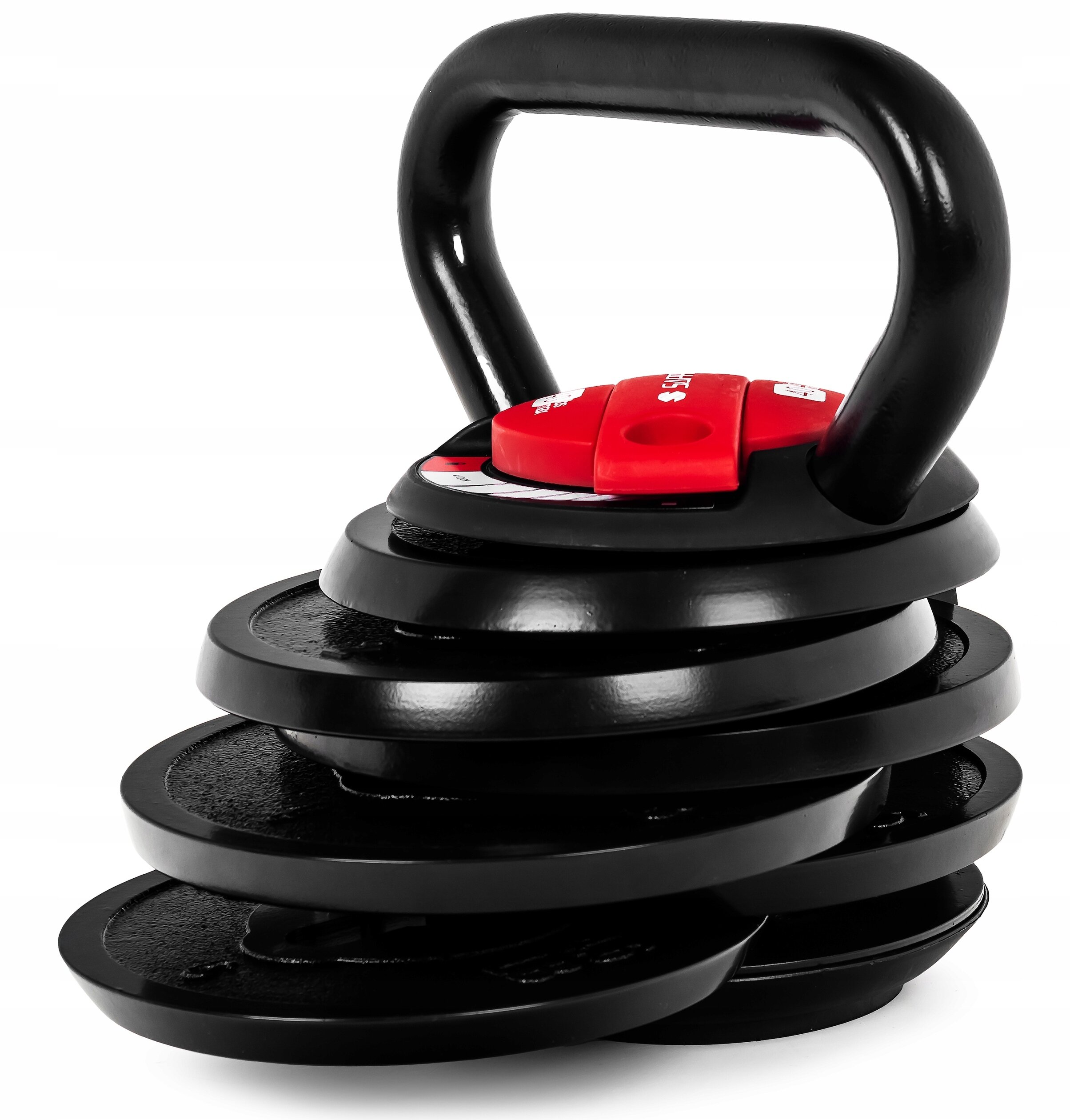 Regulowany kettlebell z czarnym uchwytem i czerwonym mechanizmem regulacji wagi, składający się z kilku nakładanych talerzy.