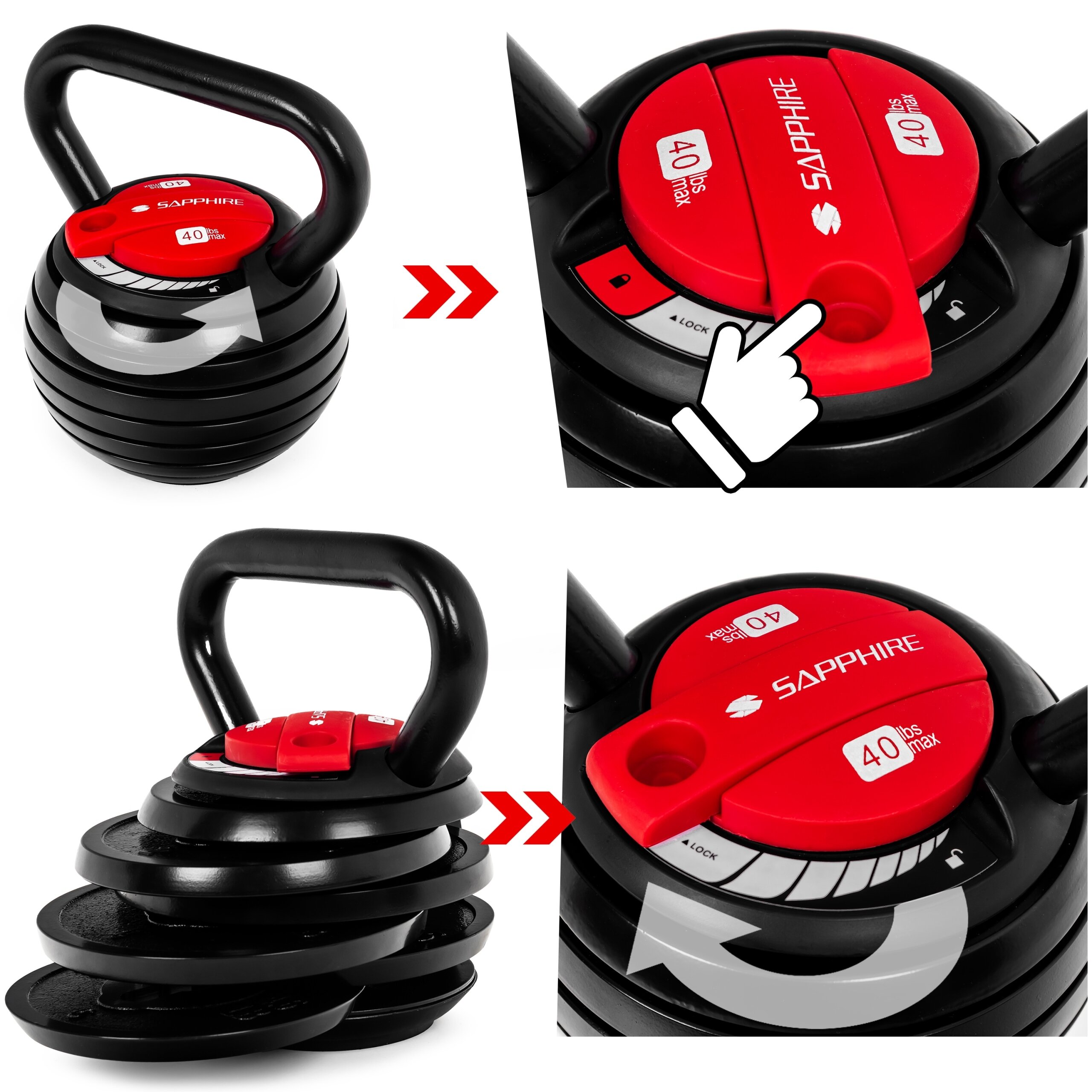 Zdjęcie przedstawia regulowany kettlebell z czarnym uchwytem i czerwonym mechanizmem regulacji wagi, z widocznym napisem \'SAPPHIRE\' oraz oznaczeniem \'40 lbs max\'. Produkt pokazany jest w różnych konfiguracjach z ilustracjami wskazującymi na sposób zmiany wagi.