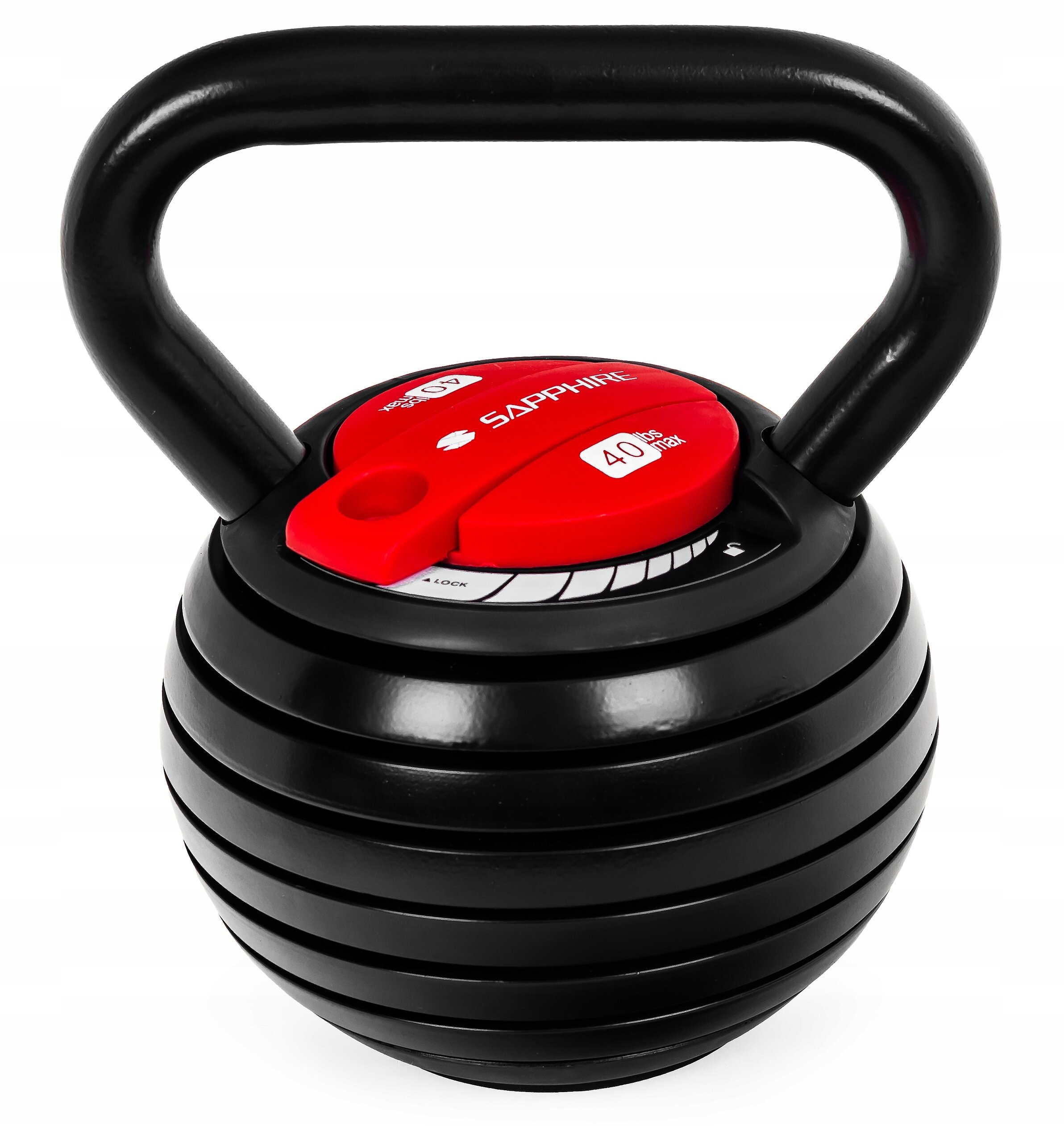 Czarny kettlebell z regulowaną wagą, z czerwonym elementem na górze z napisem \'SAPPHIRE\' oraz oznaczeniem \'4.0 kg max\'.