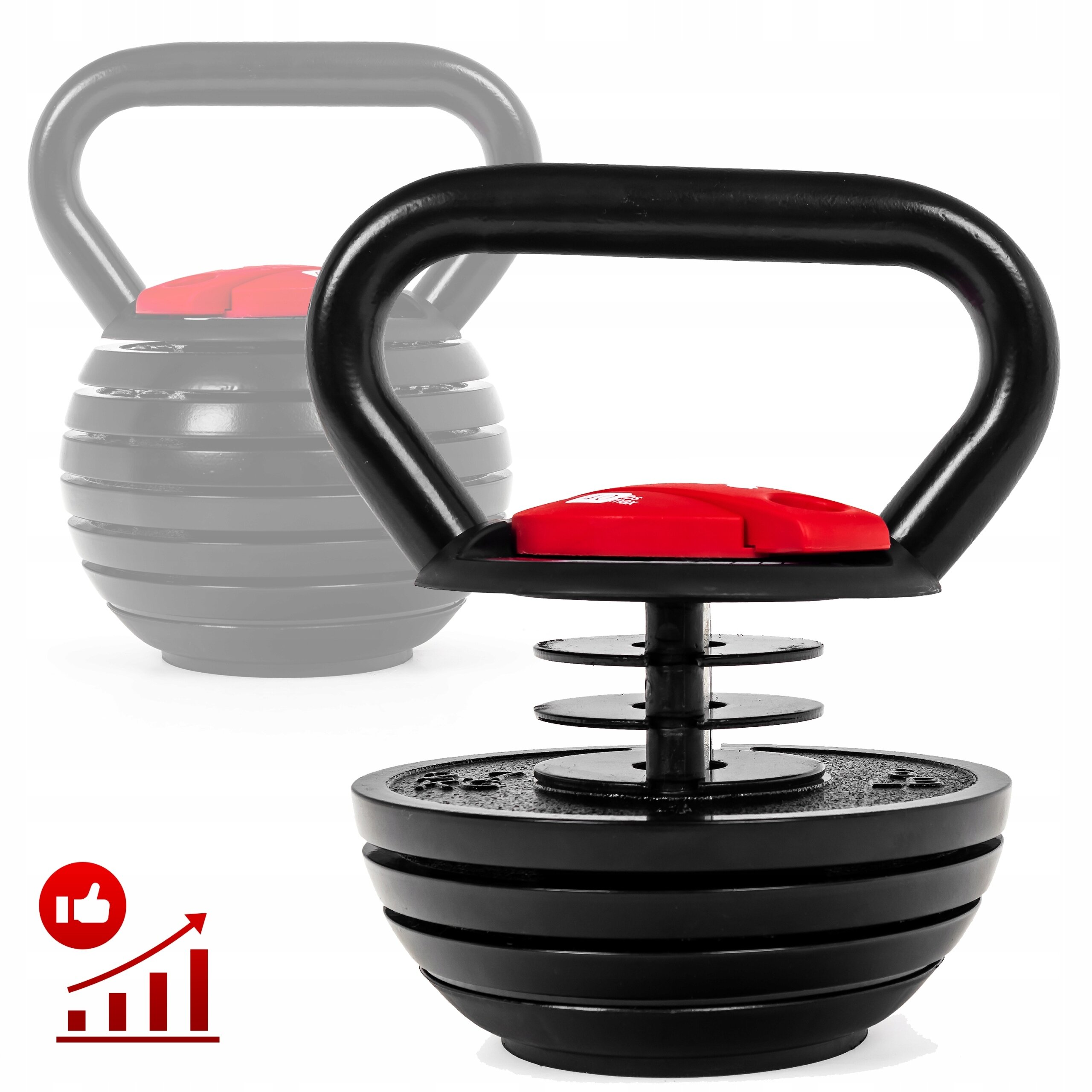 Na obrazie widoczny jest regulowany kettlebell z czarnym uchwytem i czerwonym elementem na górze, z możliwością zmiany obciążenia. W dolnym rogu znajduje się ikona z symbolem kciuka w górę i wykresu wzrostu.