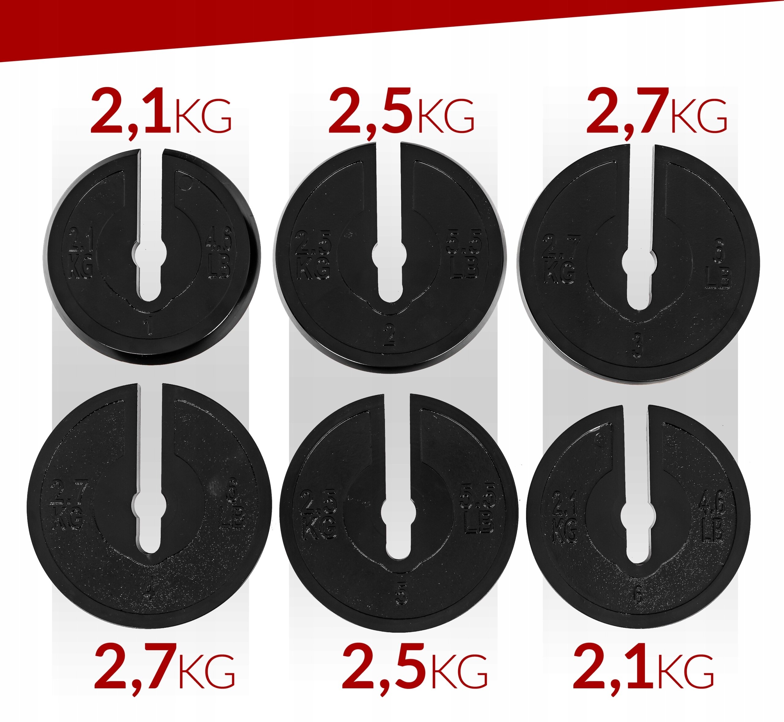 Zdjęcie przedstawia sześć czarnych talerzy do hantli z oznaczeniami wagowymi: 2,1 KG, 2,5 KG i 2,7 KG, umieszczonych na białym tle z czerwonym paskiem u góry.
