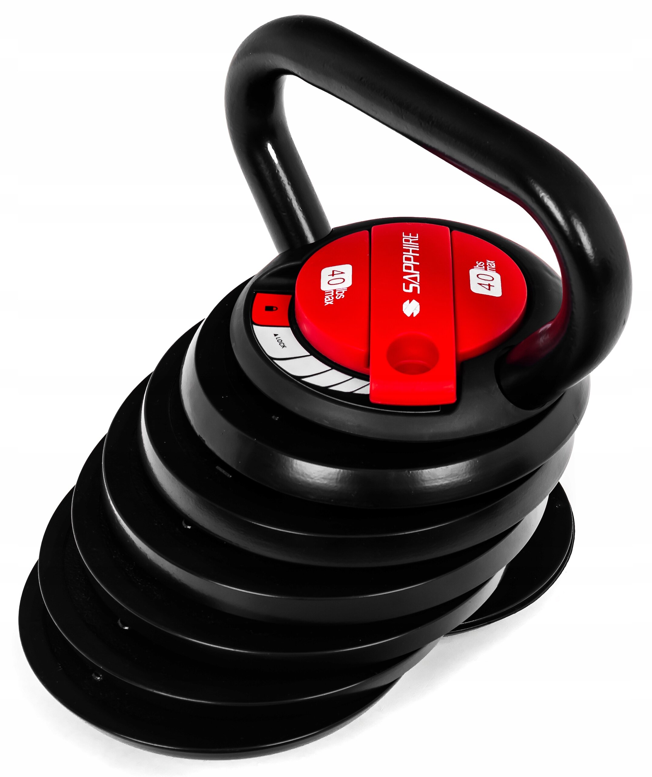 Regulowany kettlebell z czarnym uchwytem i czerwonym mechanizmem regulacji wagi, z widocznym logo SAPPHIRE oraz oznaczeniami wagi 40 lbs i 18 kg.
