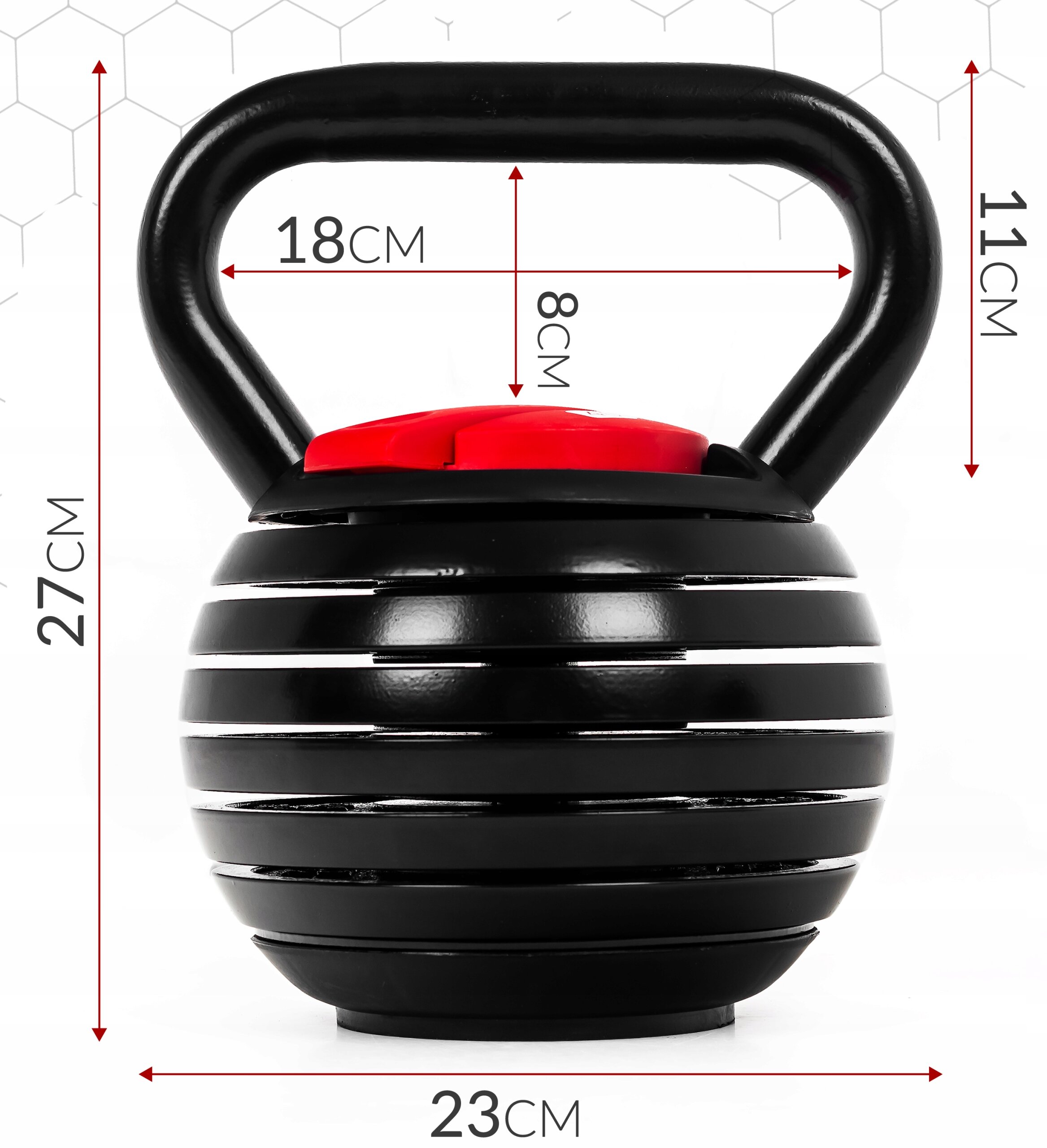 Czarny kettlebell z czerwonym elementem na górze, z widocznymi wymiarami: 27 cm wysokości, 23 cm szerokości, 18 cm szerokości uchwytu, 11 cm wysokości uchwytu i 8 cm wysokości korpusu. Tło jest białe z delikatnym wzorem heksagonalnym.
