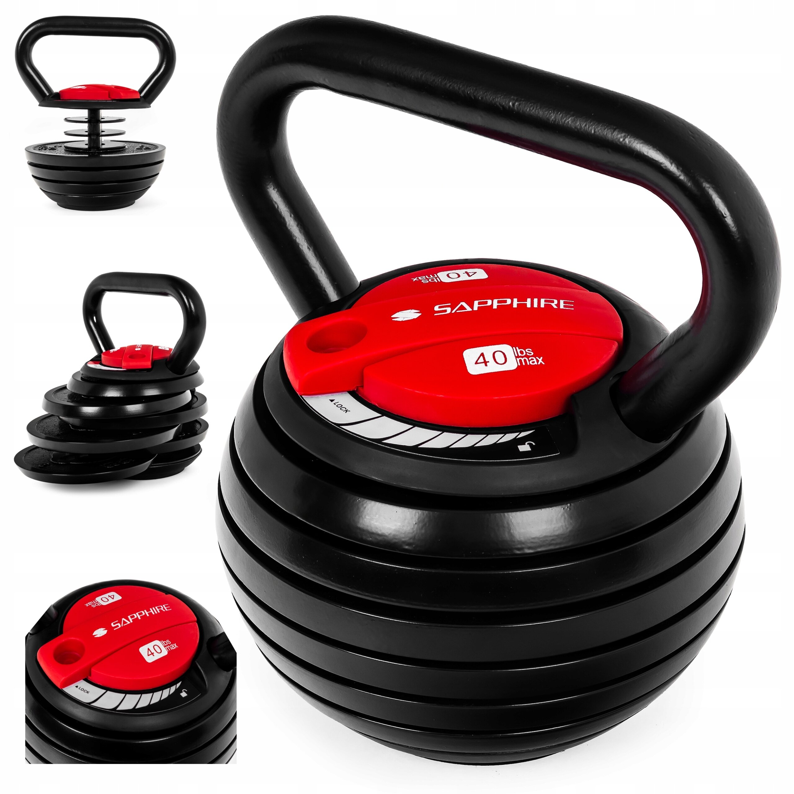 Na obrazie widoczny jest czarny kettlebell z czerwonym elementem, na którym znajduje się napis \'SAPPHIRE\' oraz \'40 lbs max\'. Kettlebell ma regulowaną konstrukcję z kilkoma warstwami talerzy.