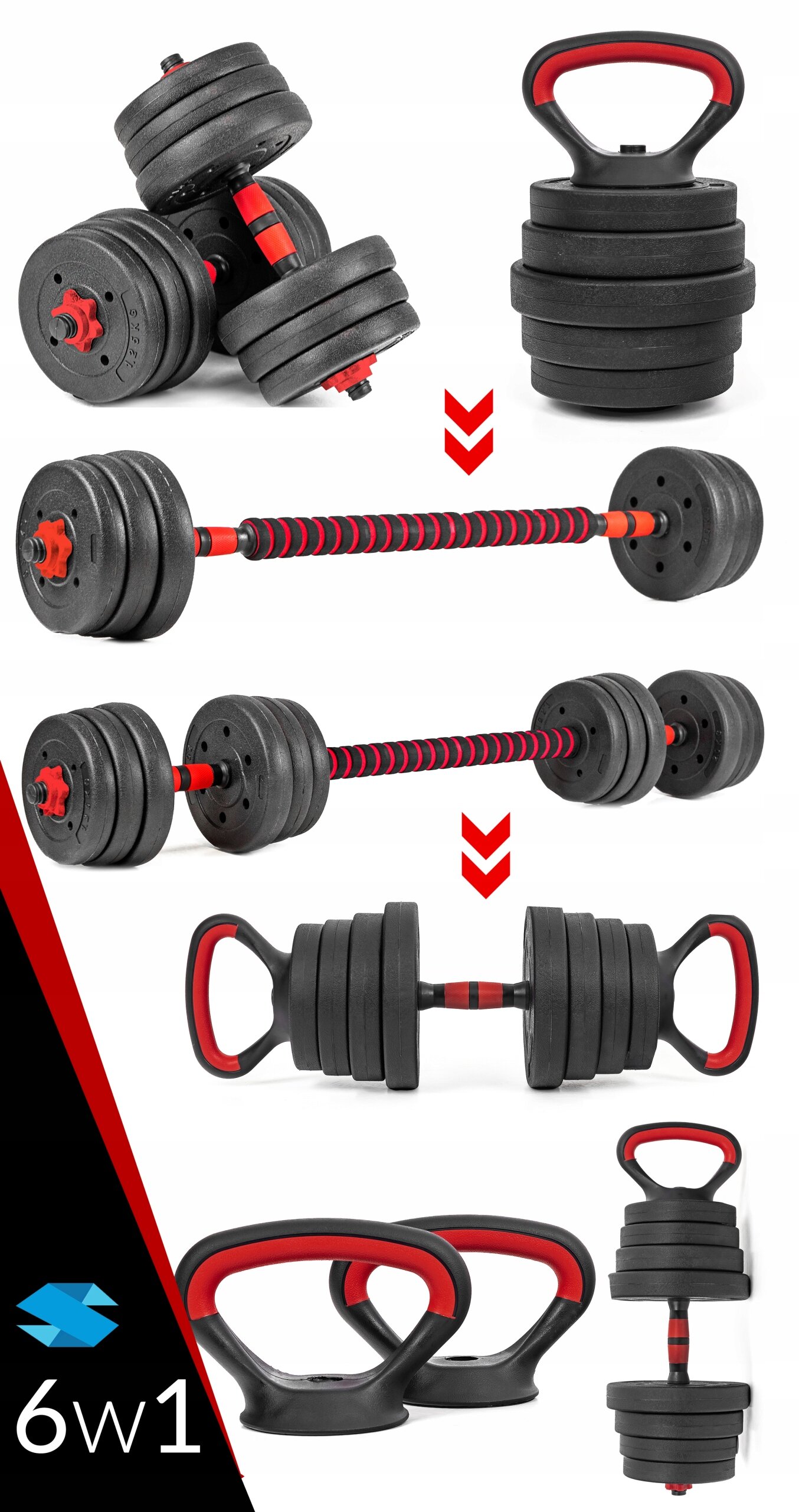 Obraz przedstawia zestaw hantli regulowanych z możliwością przekształcenia w kettlebell, sztangę i inne konfiguracje. Widoczne są czarne talerze z czerwonymi elementami oraz uchwyty, a w lewym dolnym rogu znajduje się napis \'6w1\'.