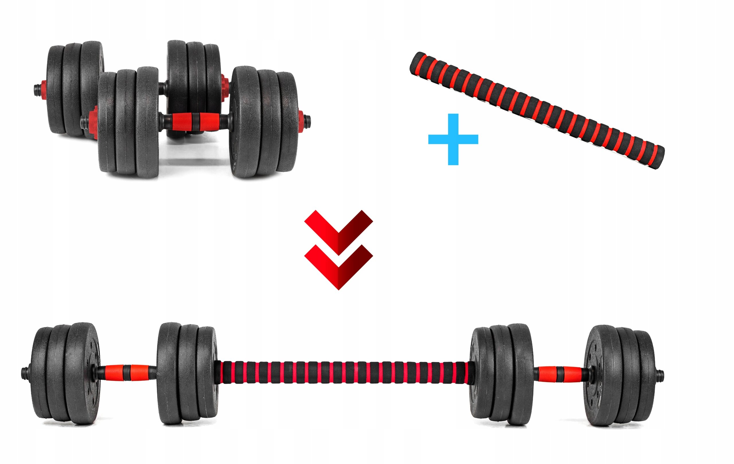 Zestaw hantli regulowanych 2x10KG SAPPHIRE hantle sztanga kettlebell 6W1 gryfy uchwyty, przedstawiony w formie dwóch hantli, gryfu oraz połączonej sztangi na białym tle z niebieskim znakiem plus i czerwonymi strzałkami.