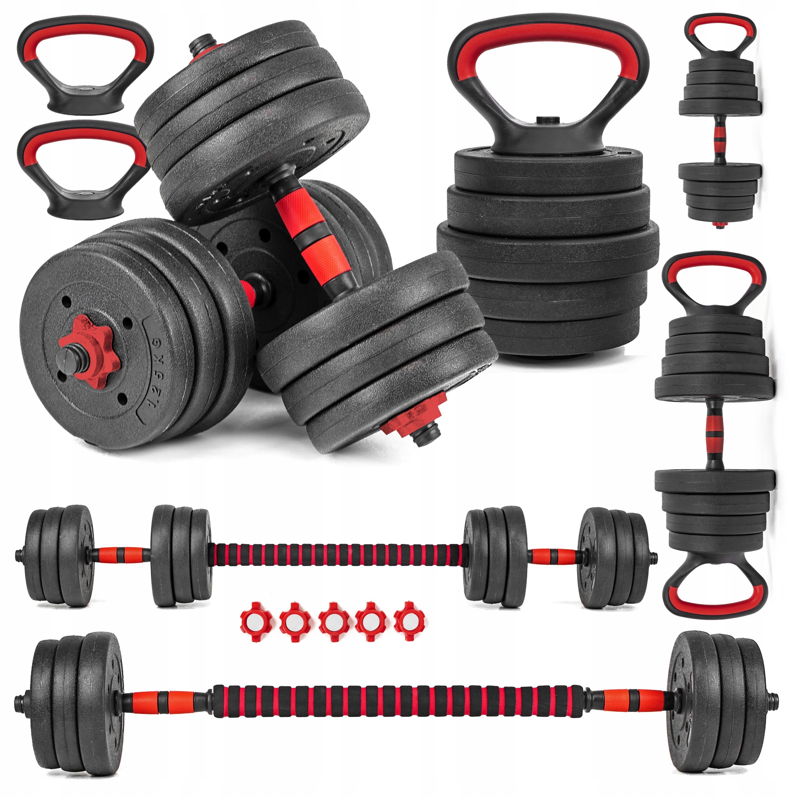 Na obrazie widoczny jest zestaw hantli regulowanych z czarnymi talerzami i czerwonymi elementami. W skład zestawu wchodzą hantle, sztanga oraz kettlebell, a także uchwyty i zaciski do mocowania talerzy.