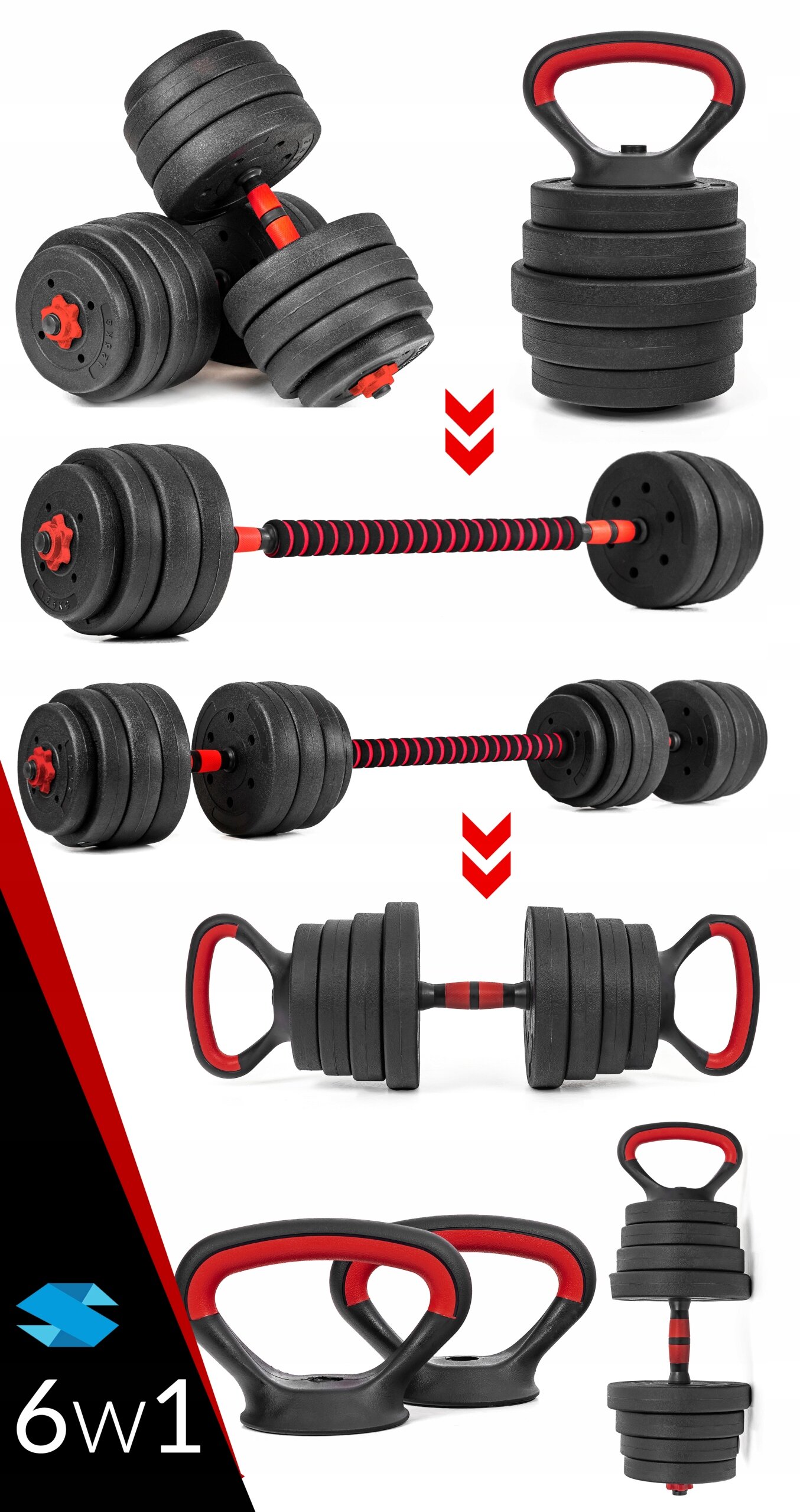 Na obrazie widoczny jest zestaw hantli regulowanych z czarnymi talerzami i czerwonymi elementami, które można konfigurować jako sztangę, kettlebell lub hantle. W dolnym lewym rogu znajduje się logo w kształcie niebieskiego diamentu oraz napis \'6w1\'.