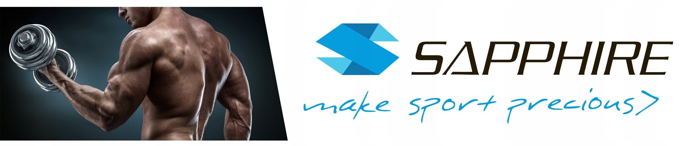 Obraz przedstawia muskularną osobę trzymającą hantlę. Obok znajduje się logo \'SAPPHIRE\' z napisem \'make sport precious>\'.