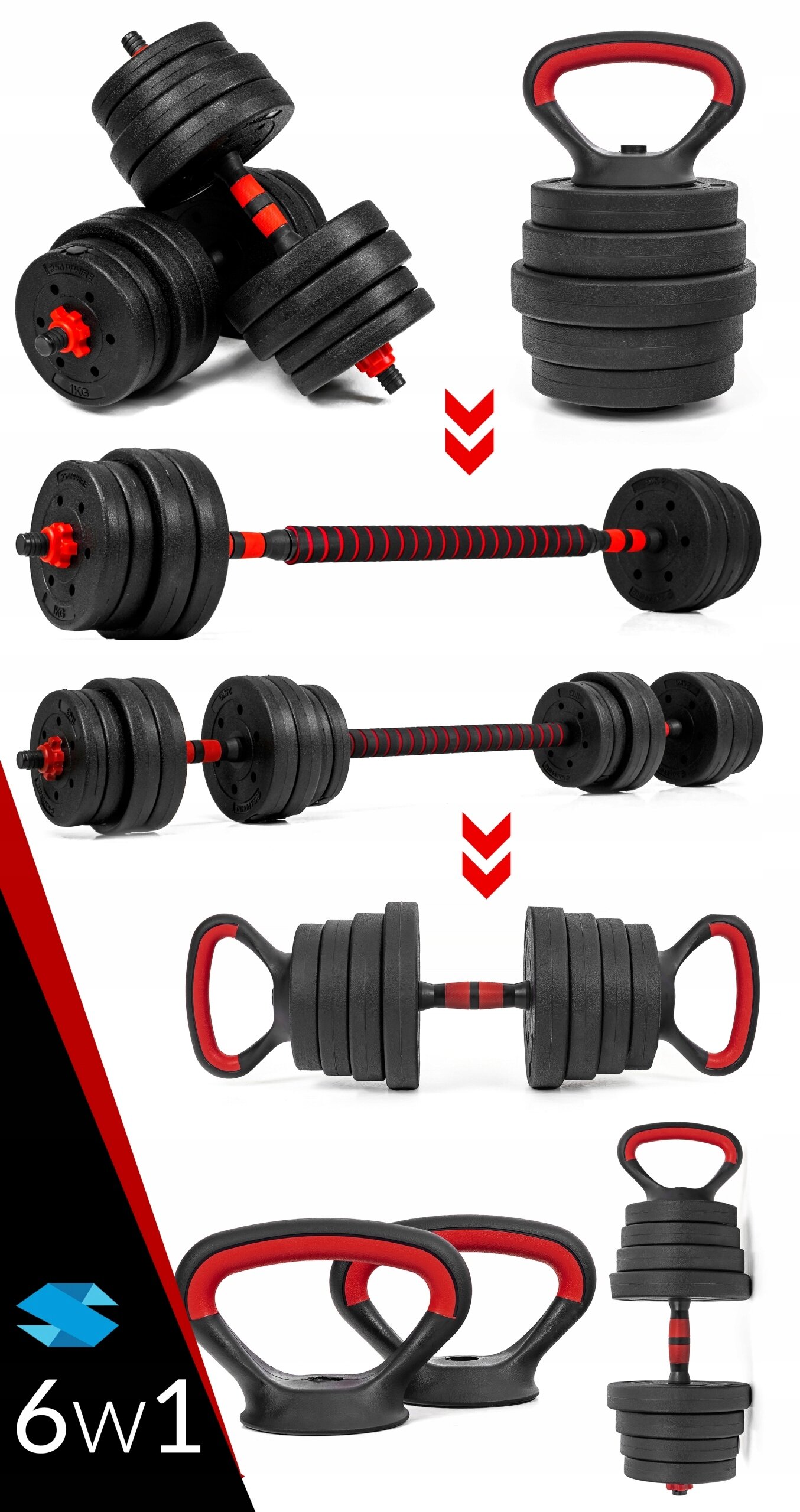 Na obrazie widoczny jest zestaw hantli regulowanych z czarnymi talerzami i czerwonymi elementami, które można konfigurować jako sztangę, kettlebell lub hantle. W dolnym rogu znajduje się napis \'6w1\'.