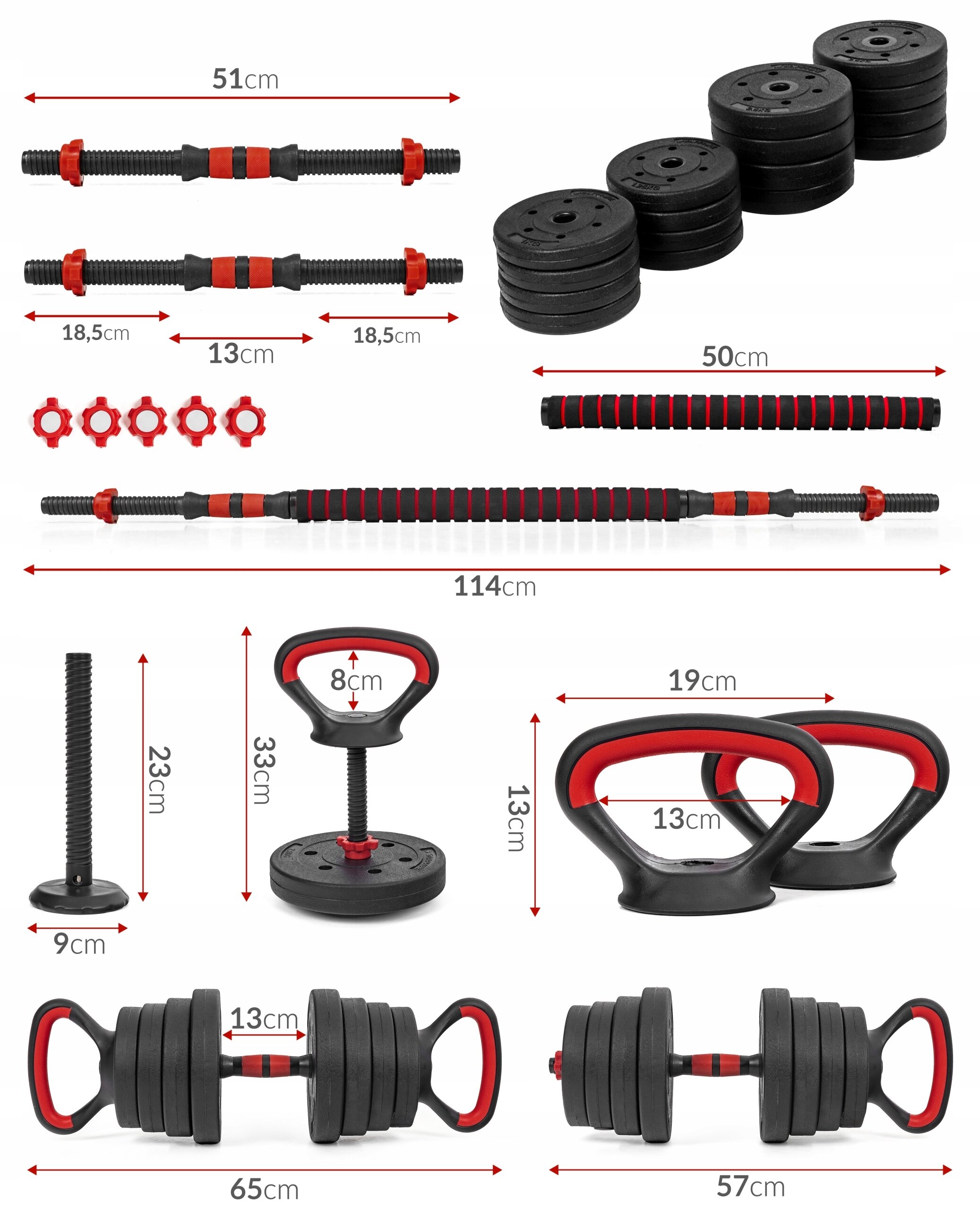 Zestaw hantli regulowanych 2x15KG SAPPHIRE hantle sztanga kettlebell 6W1 gryfy uchwyty z różnymi elementami, w tym talerzami, gryfami i uchwytami, z widocznymi wymiarami w centymetrach.