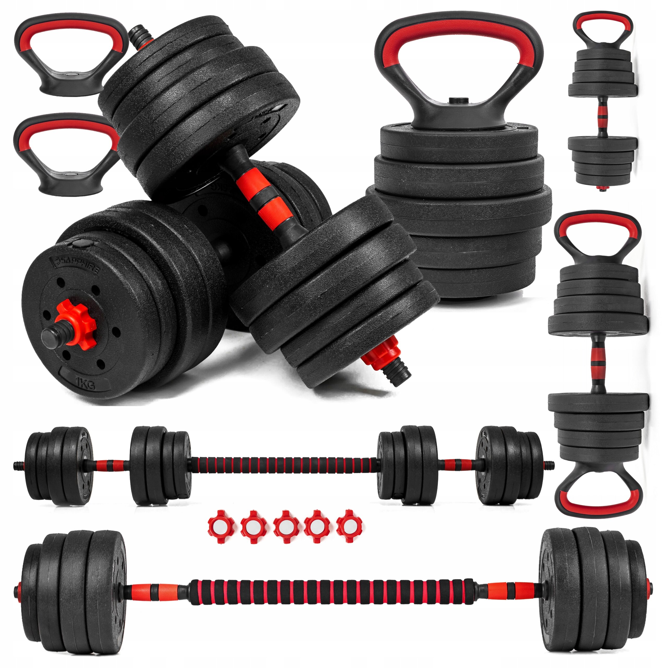 Obraz przedstawia zestaw hantli regulowanych z czarnymi talerzami i czerwonymi elementami. Widać różne konfiguracje hantli, w tym sztangę i kettlebell.