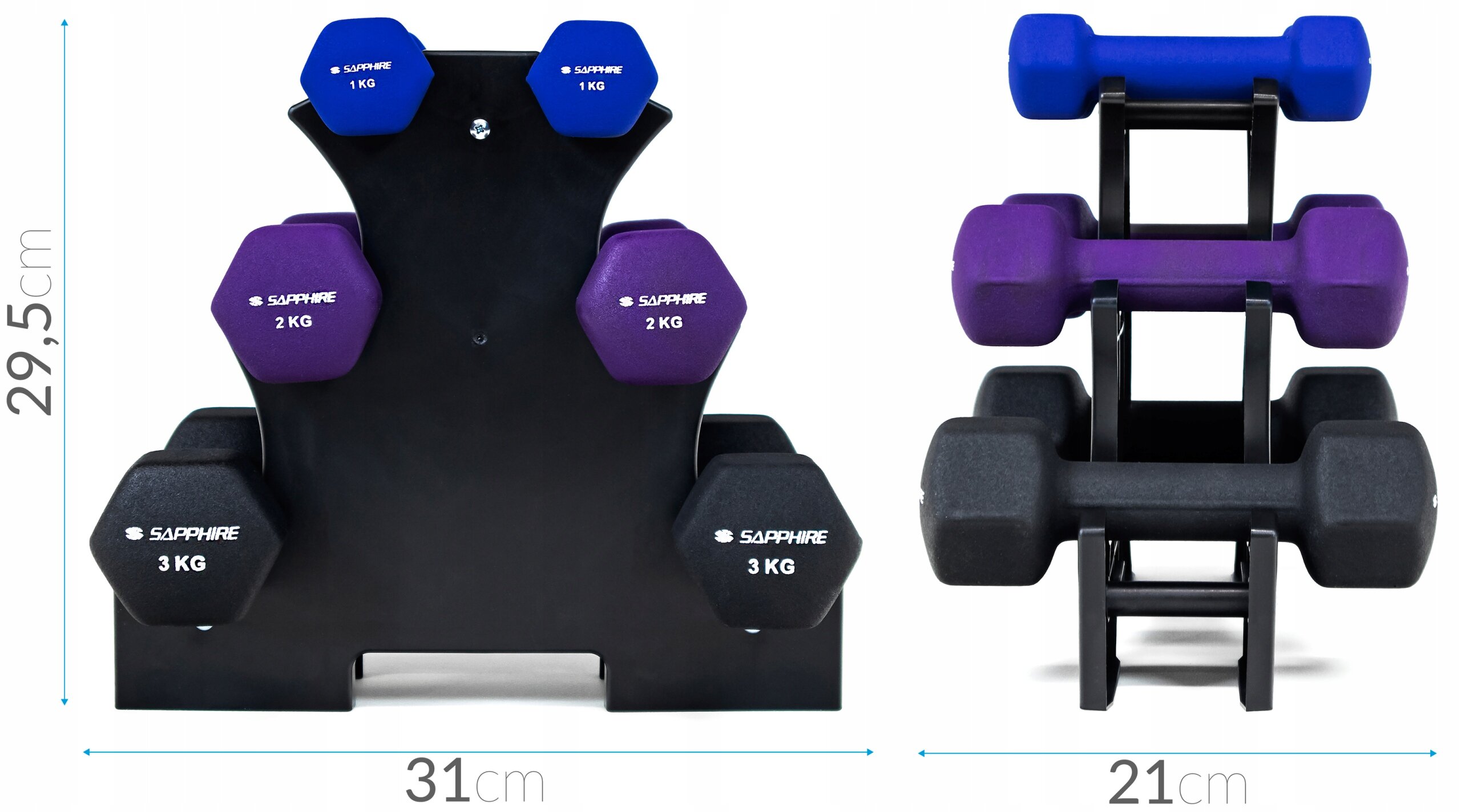 Zestaw hantli neoprenowych w różnych kolorach umieszczony na czarnym stojaku. Widoczne są hantle o wadze 1 kg, 2 kg i 3 kg z logo \'SAPPHIRE\'.