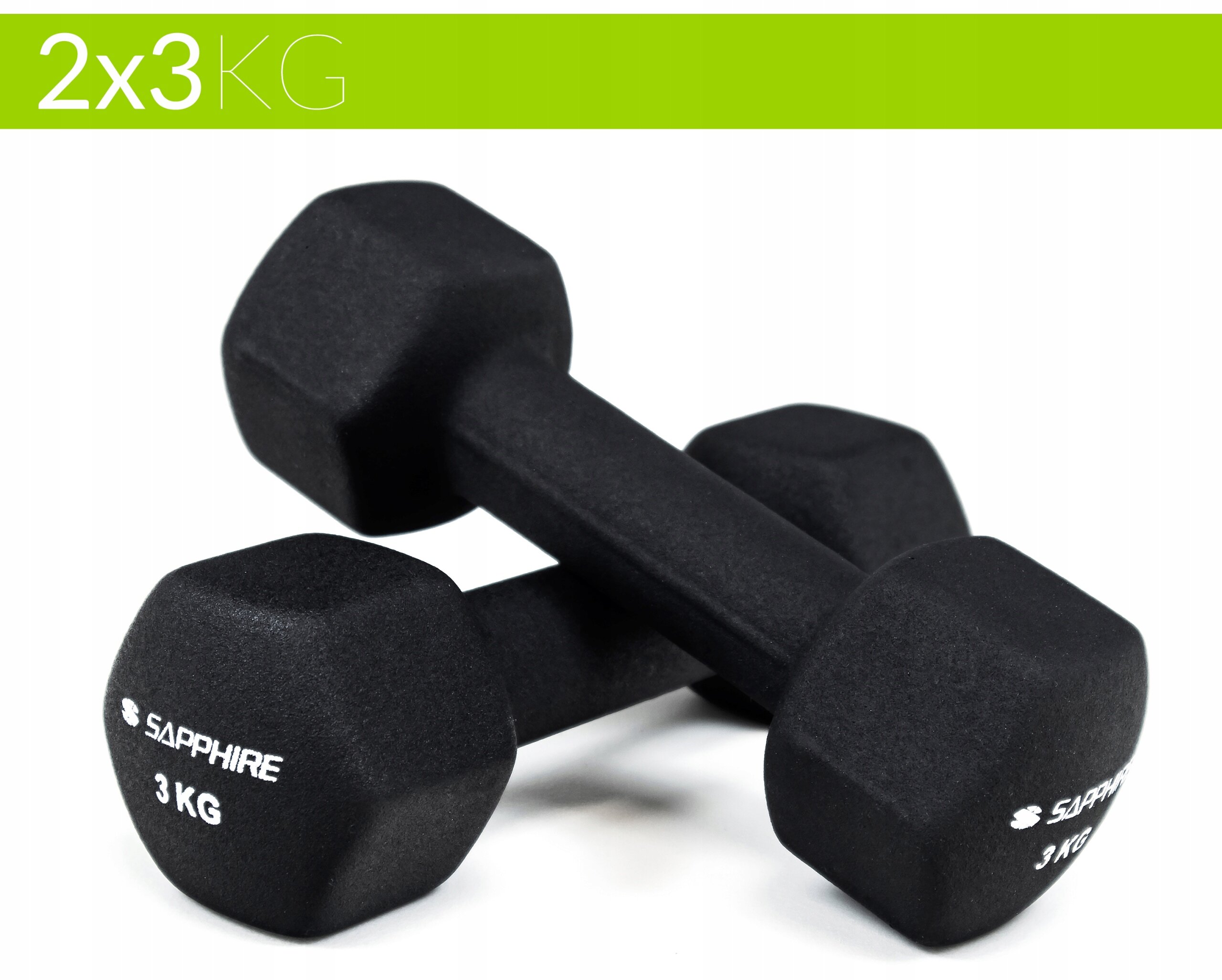 Na obrazie widoczne są dwie czarne hantle z napisem \'SAPPHIRE 3 KG\'. W górnej części obrazu znajduje się tekst \'2x3KG\' na zielonym tle.