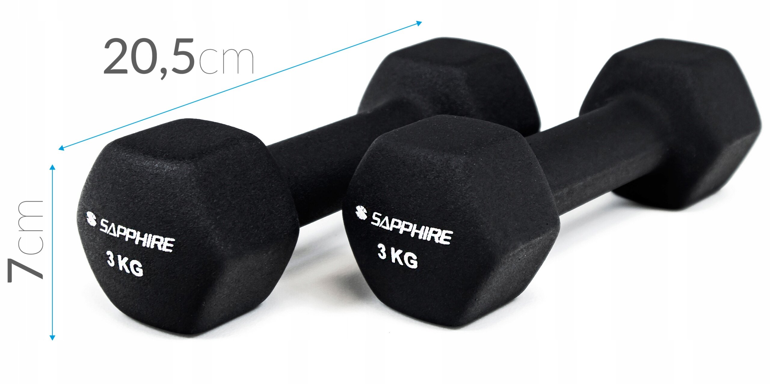 Dwa czarne hantle z napisem \'SAPPHIRE 3 KG\', o wymiarach 20,5 cm długości i 7 cm wysokości.