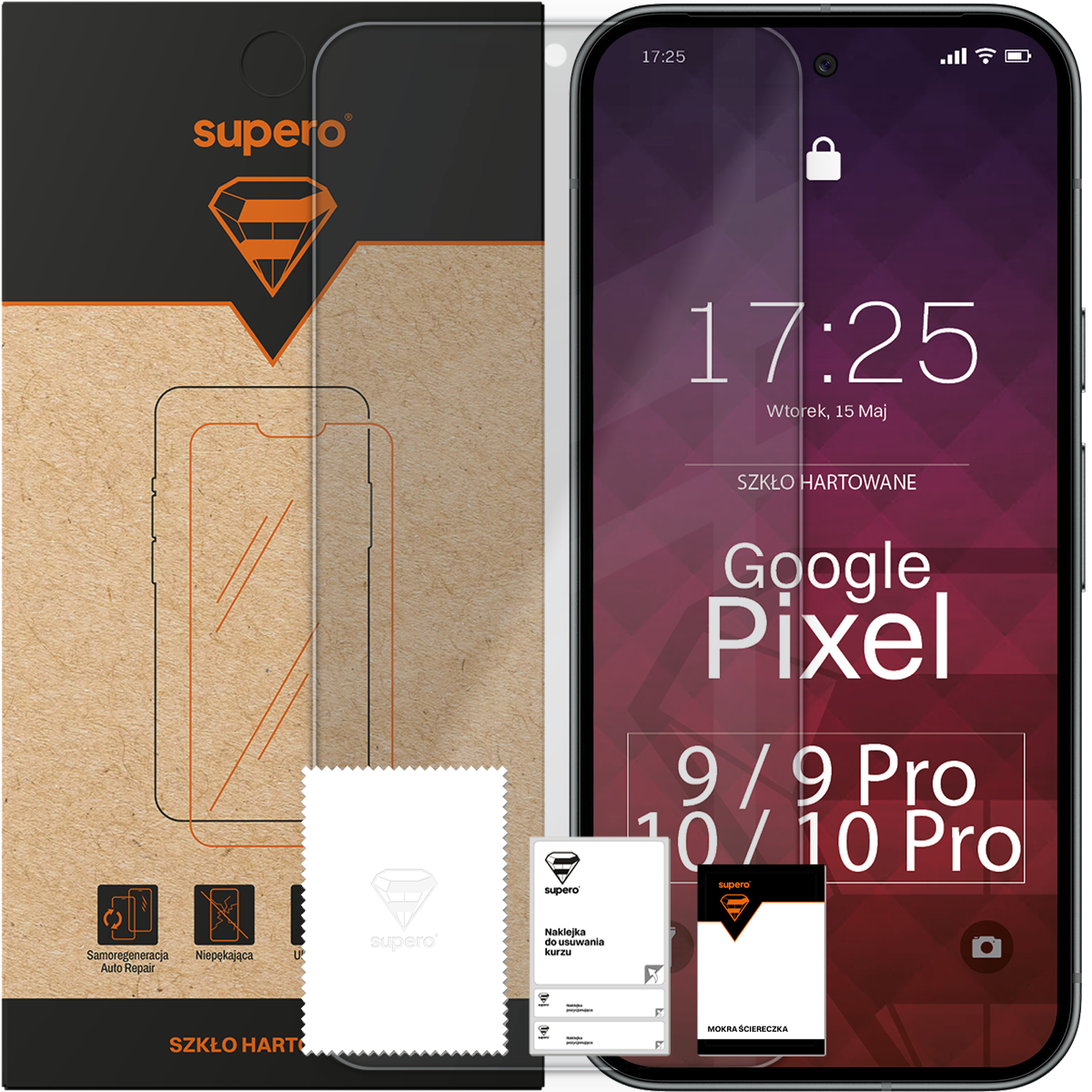 Opakowanie szkła hartowanego Supero z grafiką telefonu i tekstem \'Samoregeneracja Auto Repair\', \'Niepękająca\', \'Szkło hartowane\', \'Google Pixel 9/9 Pro/10/10 Pro\'. Obok znajduje się telefon z wyświetlaczem pokazującym godzinę 17:25, datę \'Wtorek, 15 Maj\' oraz tekst \'Szkło hartowane Google Pixel\'.