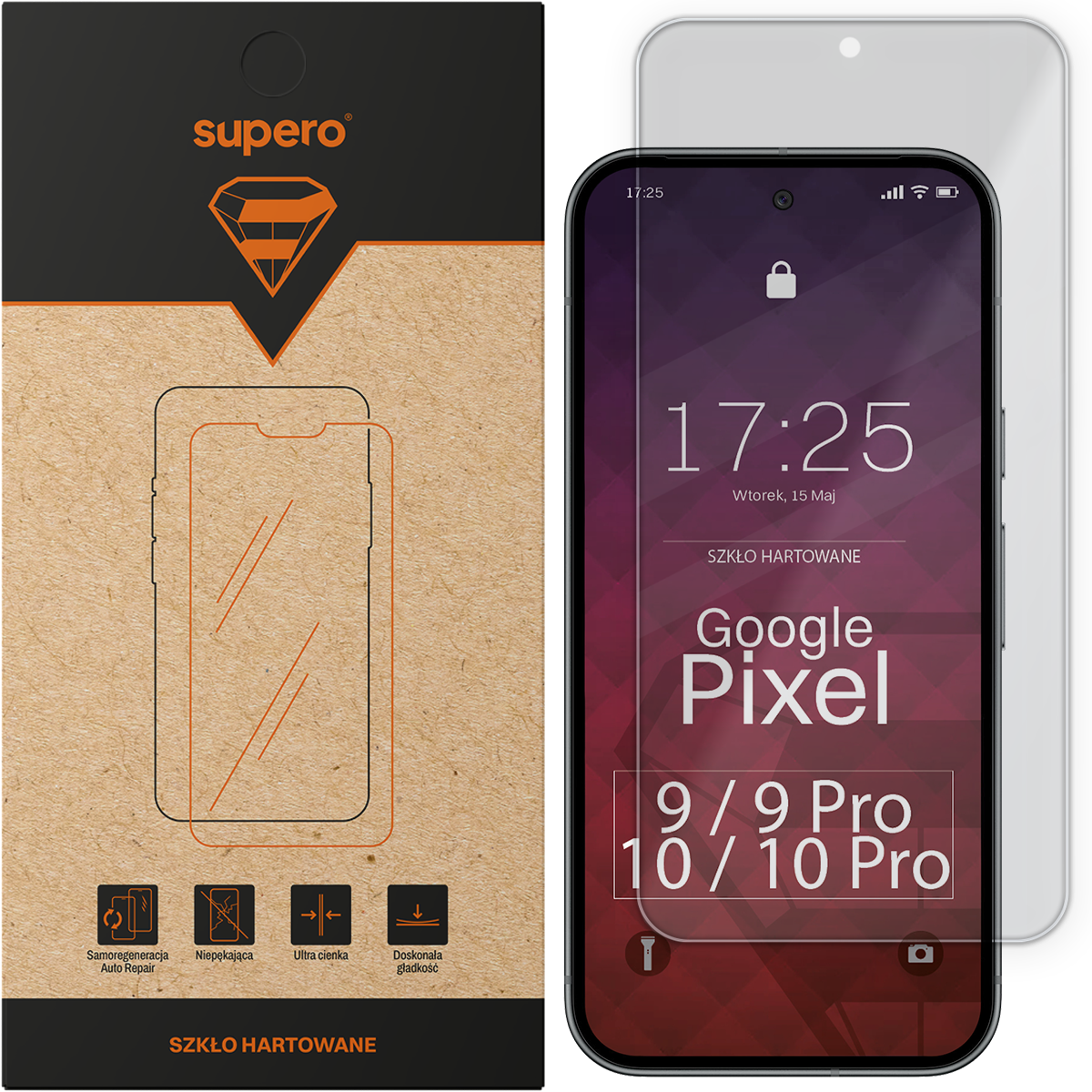 Opakowanie szkła hartowanego Supero z grafiką telefonu i ikonami: samoregeneracja, niepękająca, ultra cienka, doskonała gładkość. Obok widoczny telefon z nałożonym szkłem, na ekranie godzina 17:25, data Wtorek, 15 Maj oraz tekst \'SZKŁO HARTOWANE Google Pixel 9/9 Pro 10/10 Pro\'.