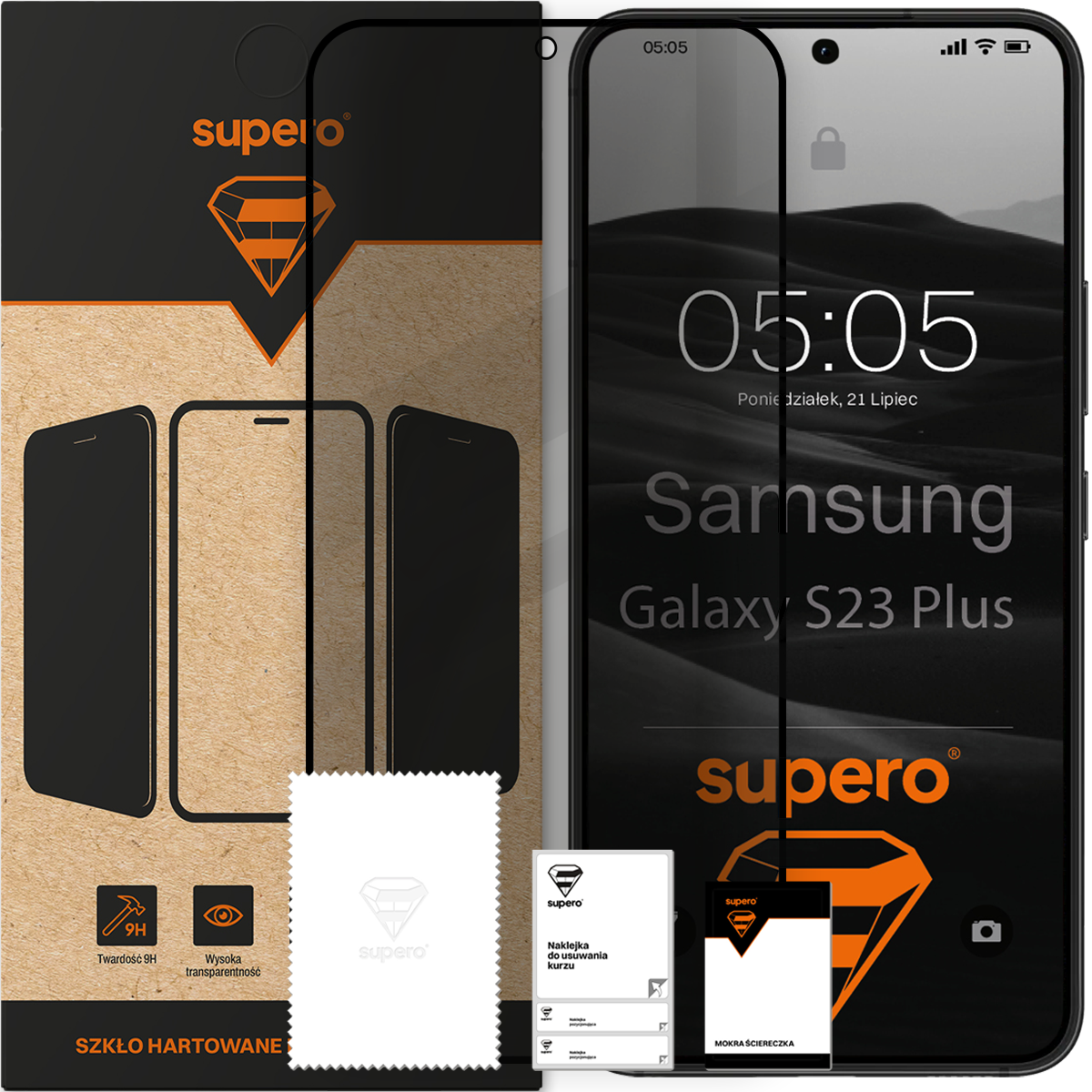 Na obrazie widoczne jest opakowanie szkła hartowanego Supero z logo w kształcie diamentu oraz telefon Samsung Galaxy S23 Plus z nałożonym szkłem. Obok znajdują się akcesoria do czyszczenia i naklejka do usuwania kurzu.