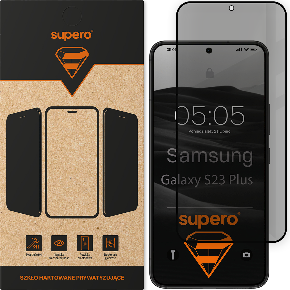 Opakowanie szkła hartowanego prywatyzującego Supero z grafiką telefonu oraz logo supero. Obok znajduje się telefon Samsung Galaxy S23 Plus z nałożonym szkłem, na ekranie widoczna godzina 05:05 i data Poniedziałek, 21 Lipiec.