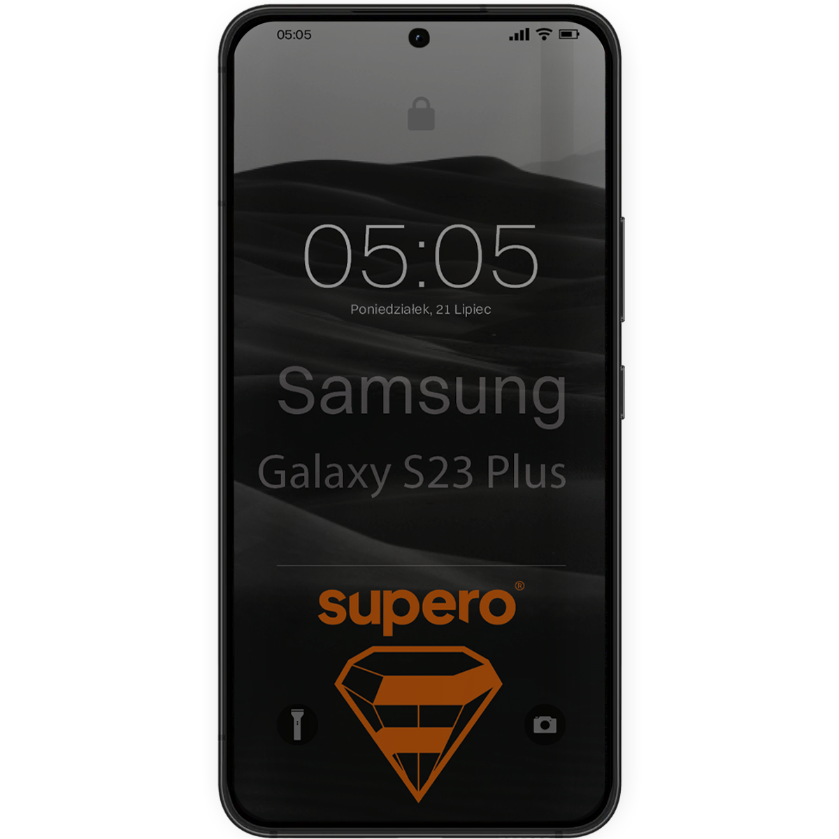 Na ekranie telefonu widoczny jest napis \'Samsung Galaxy S23 Plus\' oraz logo \'supero\' w kolorze pomarańczowym. Na górze ekranu wyświetlana jest godzina 05:05 i data \'Poniedziałek, 21 Lipiec\'.