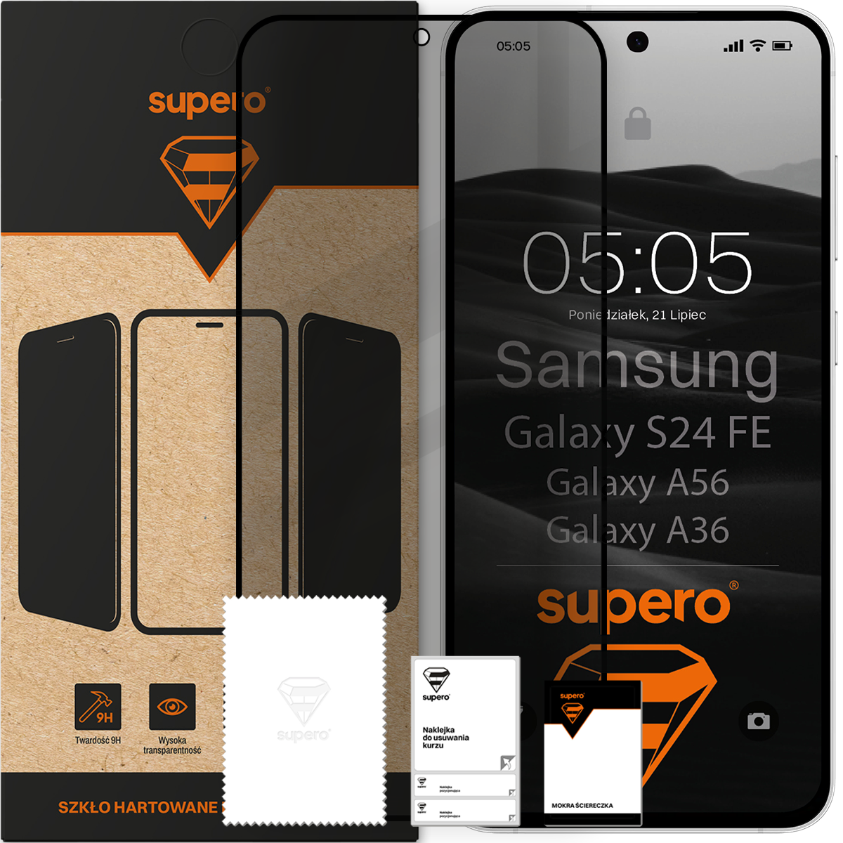 Obraz przedstawia opakowanie szkła hartowanego prywatyzującego Supero do modeli Samsung Galaxy S24FE, A36 i A56. Widoczne są również akcesoria do czyszczenia ekranu oraz logo Supero.