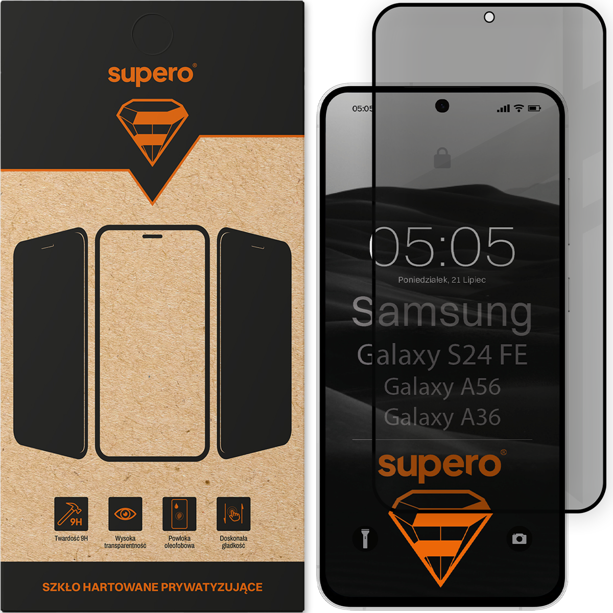 Opakowanie szkła hartowanego prywatyzującego Supero z grafiką telefonu i logo Supero. Widoczny tekst: \'Szkło hartowane prywatyzujące\', \'Samsung Galaxy S24 FE\', \'Galaxy A56\', \'Galaxy A36\'.