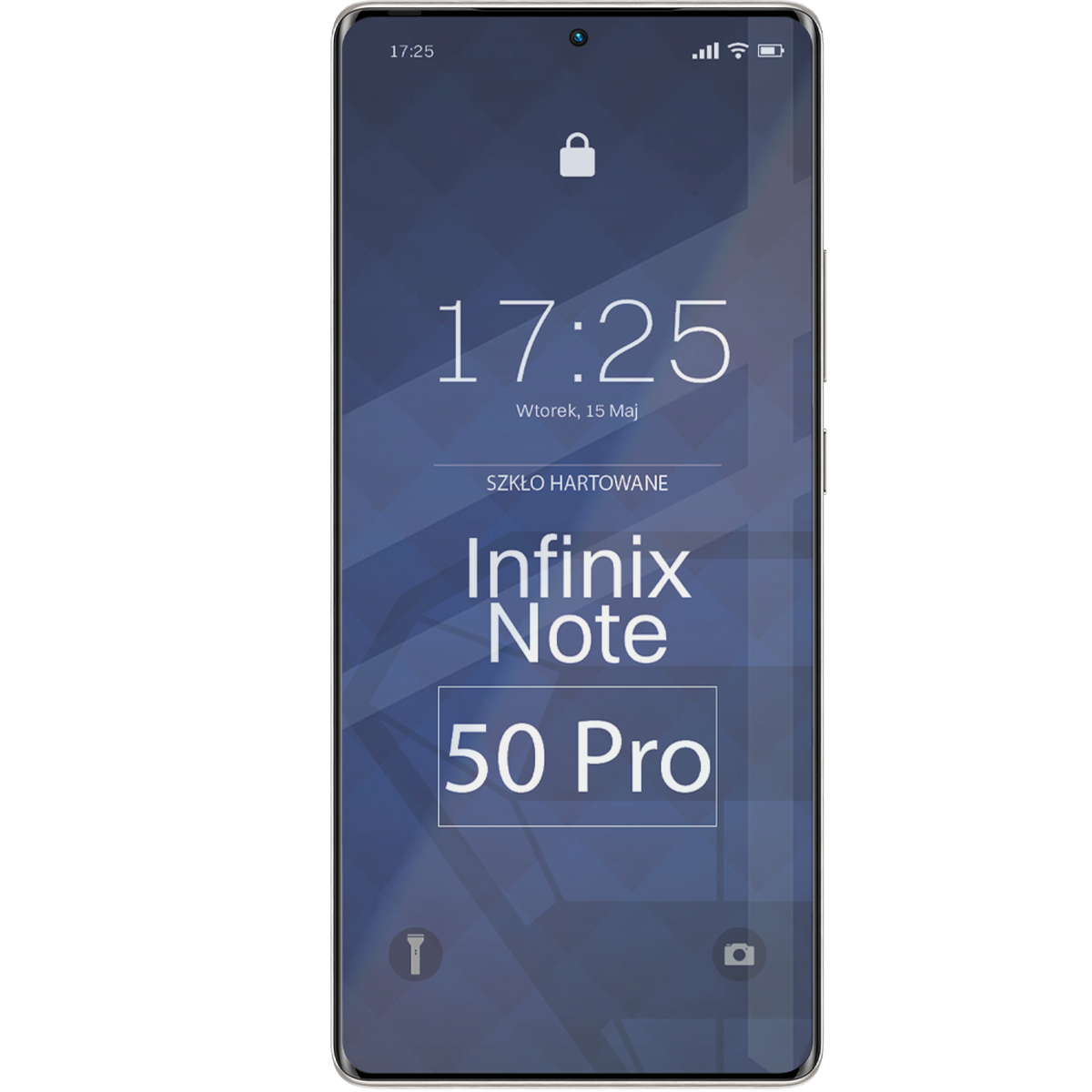 Na obrazie widoczny jest ekran telefonu z wyświetlonym tekstem: \'17:25, Wtorek, 15 Maj, SZKŁO HARTOWANE, Infinix Note 50 Pro\'.