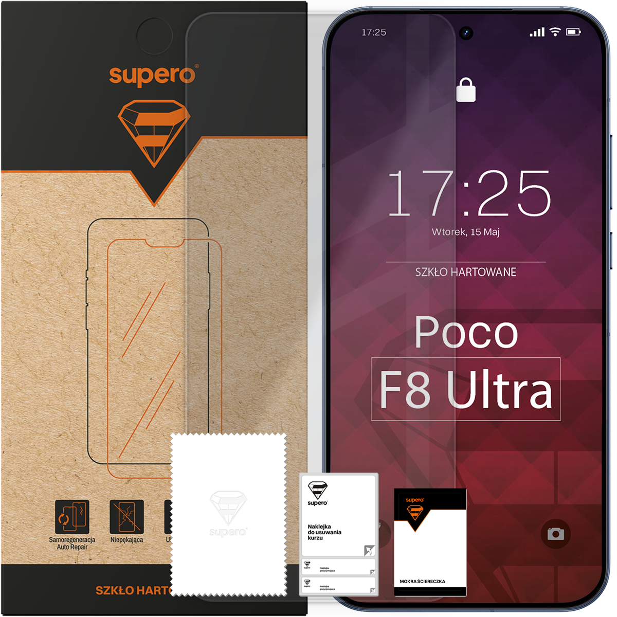 Opakowanie szkła hartowanego marki supero z grafiką telefonu oraz tekstem \'Szkło hartowane Poco F8 Ultra\'. Obok znajduje się telefon z wyświetlaczem pokazującym godzinę 17:25 i datę Wtorek, 15 Maj.