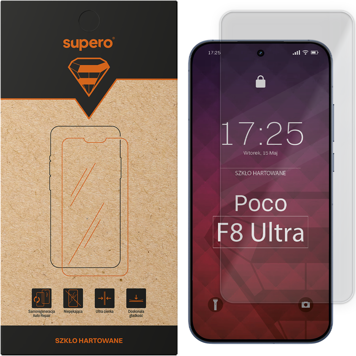Opakowanie szkła hartowanego marki supero z grafiką telefonu oraz szkło na ekranie telefonu z napisem \'Poco F8 Ultra\'. Na opakowaniu widoczne są ikony z opisami: Samoregeneracja Auto Repair, Niepękająca, Ultra cienka, Doskonała gładkość.