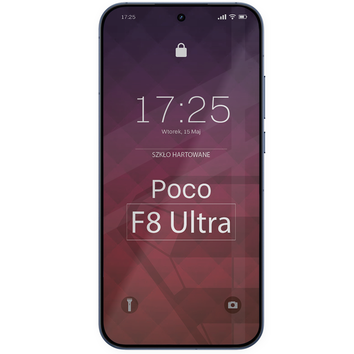 Smartfon z wyświetlaczem pokazującym godzinę 17:25, datę Wtorek, 15 Maj oraz teksty: SZKŁO HARTOWANE, Poco, F8 Ultra. Na ekranie widoczne są ikony kłódki, latarki i aparatu.