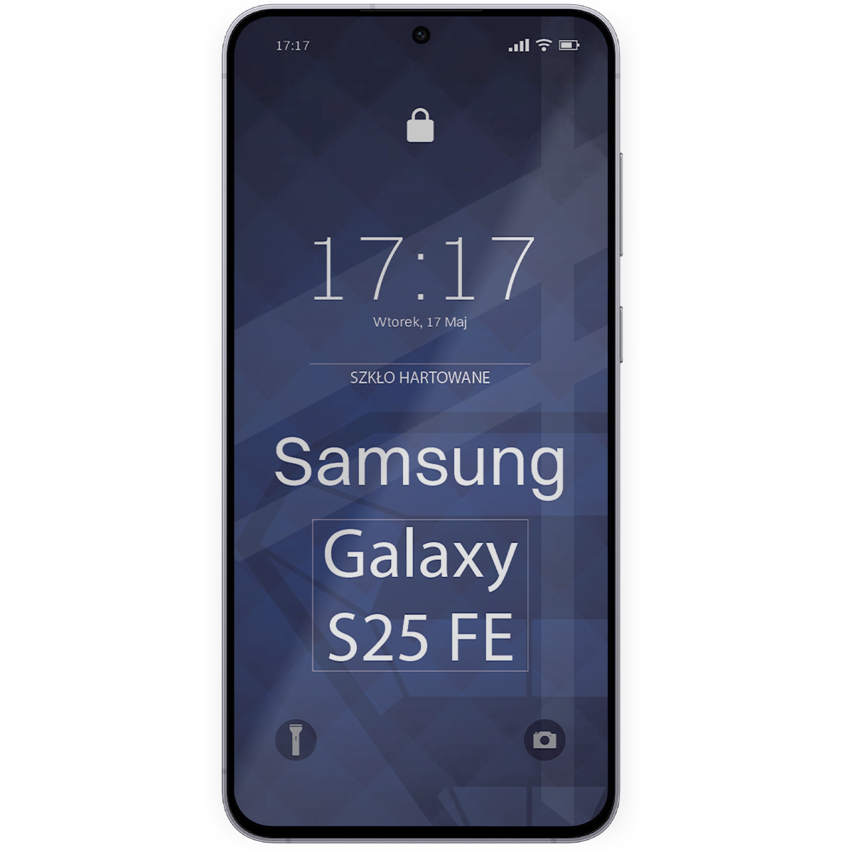 Na ekranie telefonu widoczny jest napis \'SZKŁO HARTOWANE Samsung Galaxy S25 FE\'. Ekran pokazuje godzinę 17:17 oraz datę \'Wtorek, 17 Maj\'.