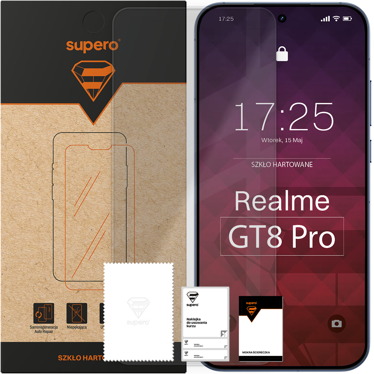 Opakowanie szkła hartowanego z logo \'supero\' oraz telefon z wyświetlaczem pokazującym godzinę 17:25 i tekst \'Realme GT8 Pro\'. Widoczne są również akcesoria: ściereczka i naklejka do usuwania kurzu.