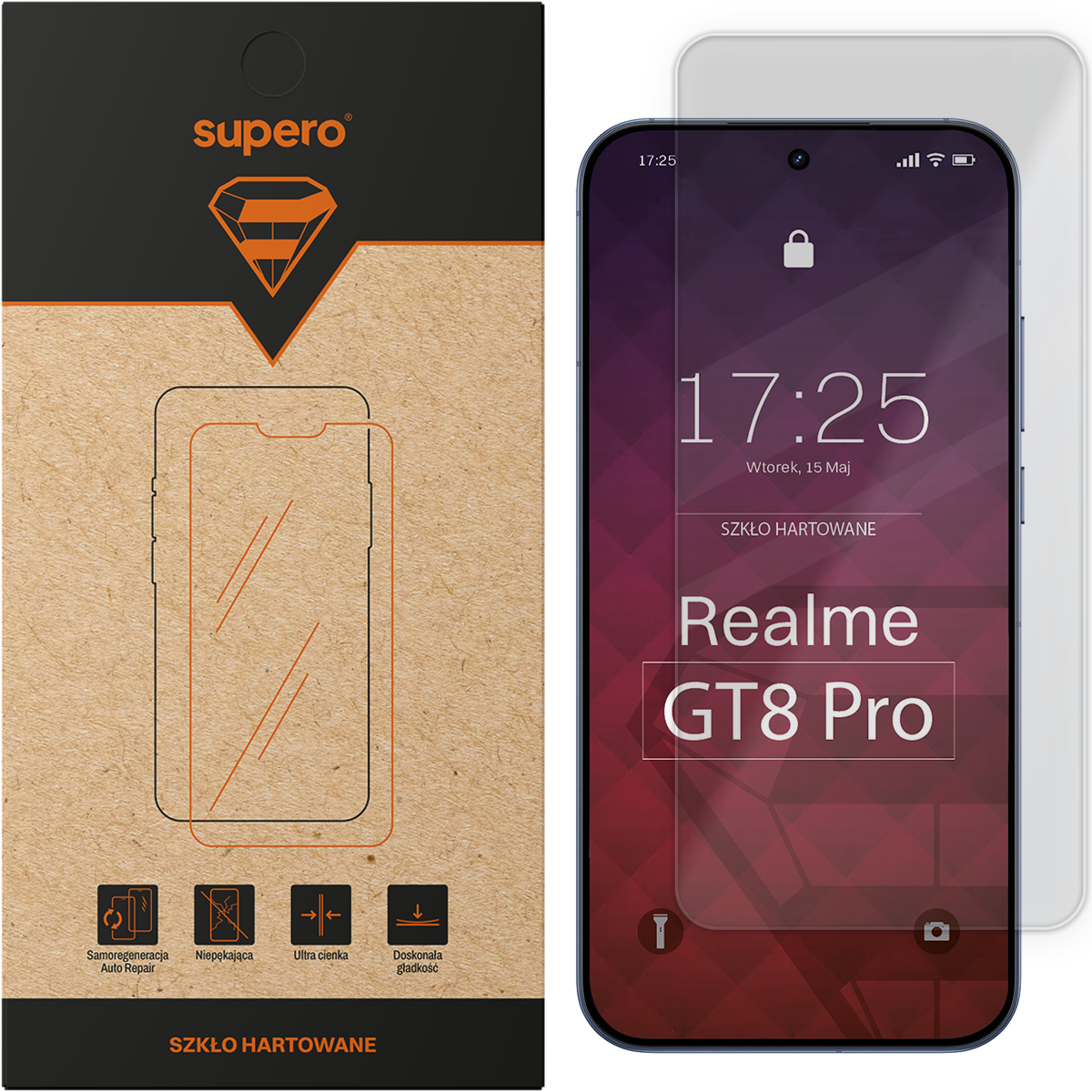 Opakowanie szkła hartowanego z logo \'supero\' i grafiką telefonu, obok telefon z nałożonym szkłem, na ekranie widoczny napis \'Realme GT8 Pro\'.